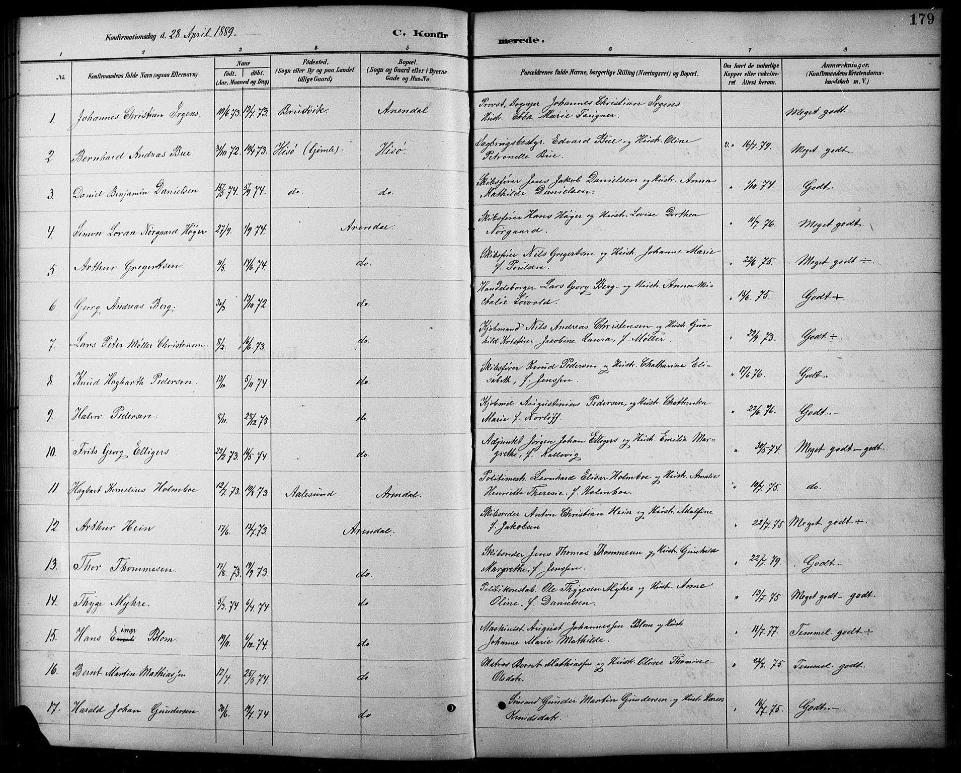 Arendal sokneprestkontor, Trefoldighet, SAK/1111-0040/F/Fb/L0006: Parish register (copy) no. B 6, 1889-1916, p. 179