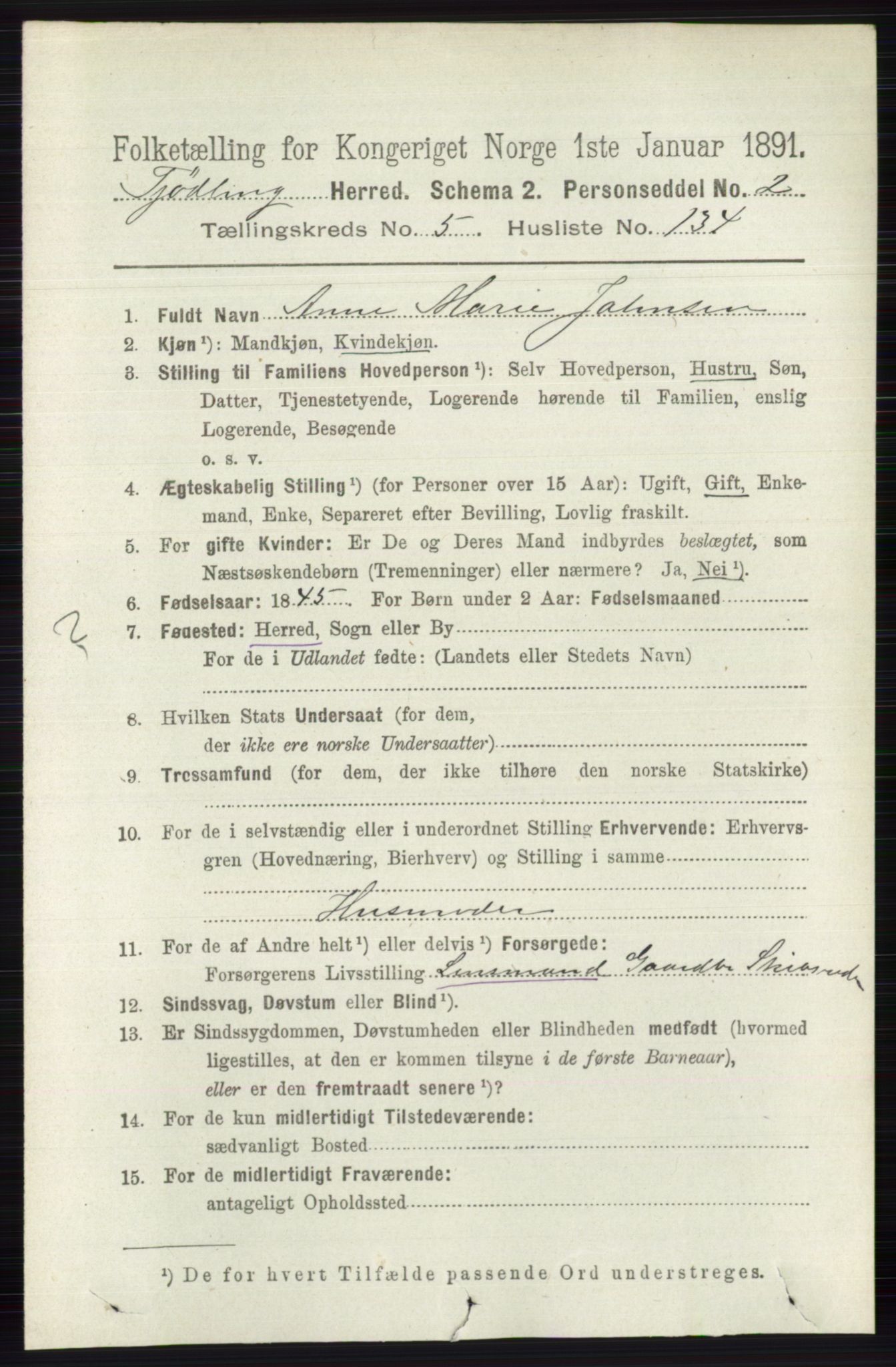 RA, 1891 census for 0725 Tjølling, 1891, p. 2789