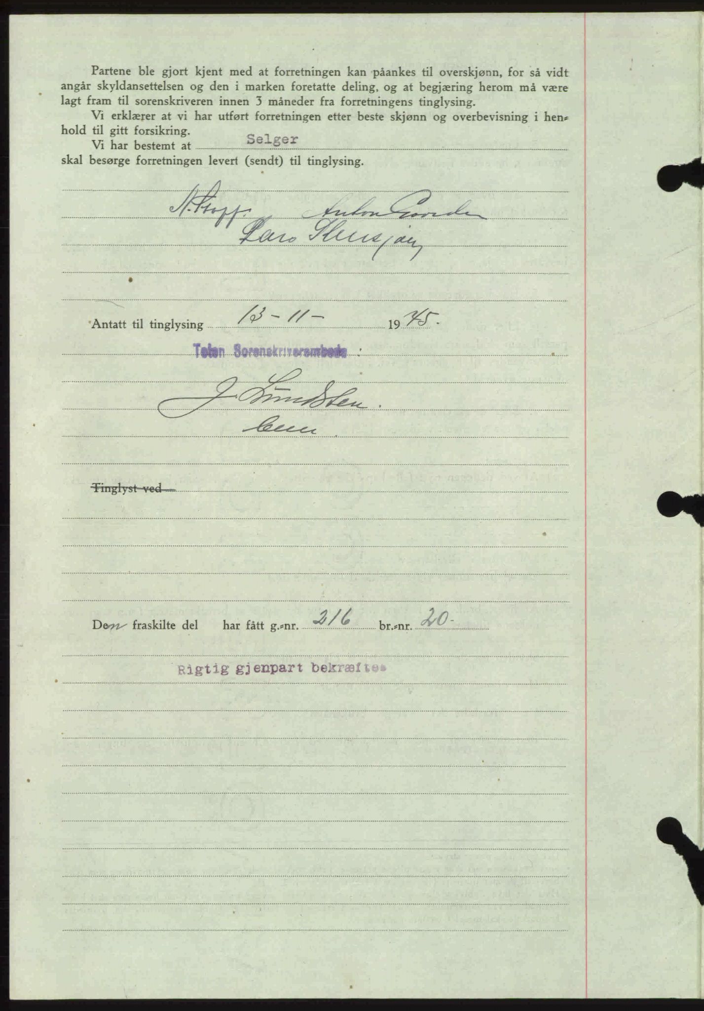 Toten tingrett, AV/SAH-TING-006/H/Hb/Hbc/L0013: Mortgage book no. Hbc-13, 1945-1945, Diary no: : 1543/1945