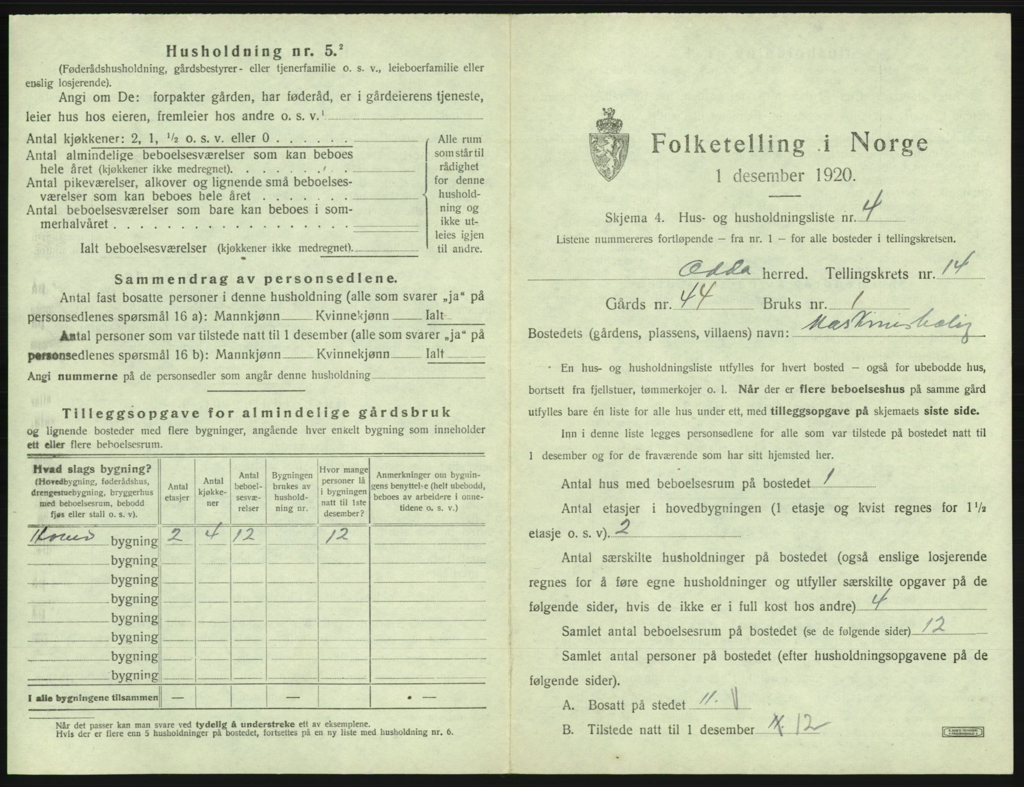 SAB, 1920 census for Odda, 1920, p. 1154