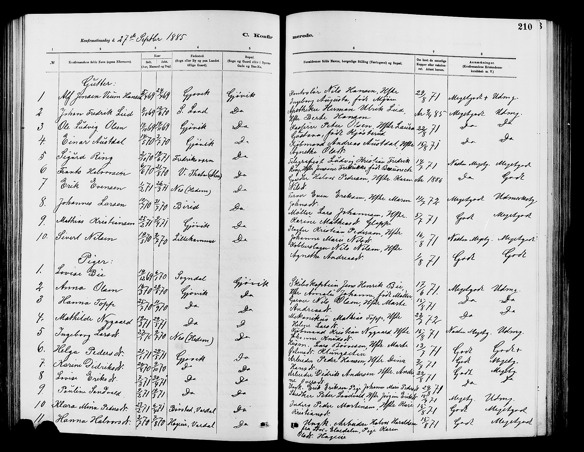 Vardal prestekontor, SAH/PREST-100/H/Ha/Hab/L0007: Parish register (copy) no. 7 /2, 1881-1895, p. 210