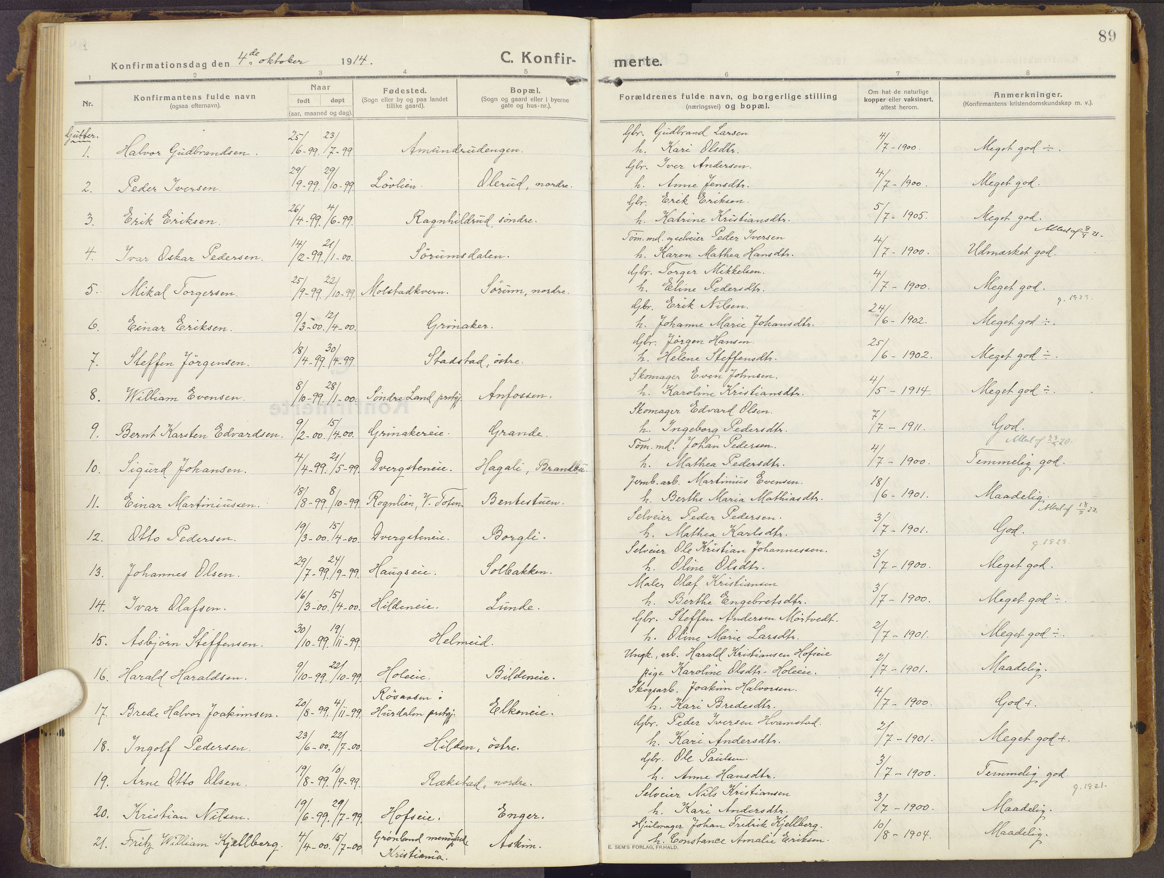 Brandbu prestekontor, SAH/PREST-114/H/Ha/Haa/L0003: Parish register (official) no. 3, 1914-1928, p. 89