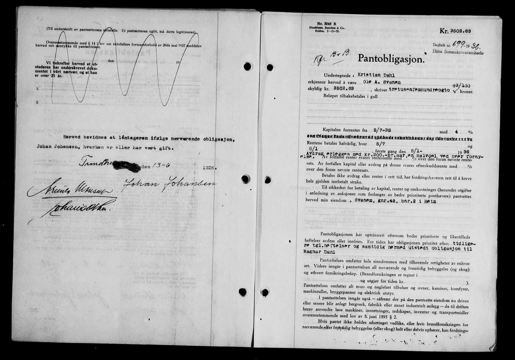 Hitra sorenskriveri, AV/SAT-A-0018/2/2C/2Ca/L0028: Mortgage book no. B-1, 1936-1939, Diary no: : 699/1936