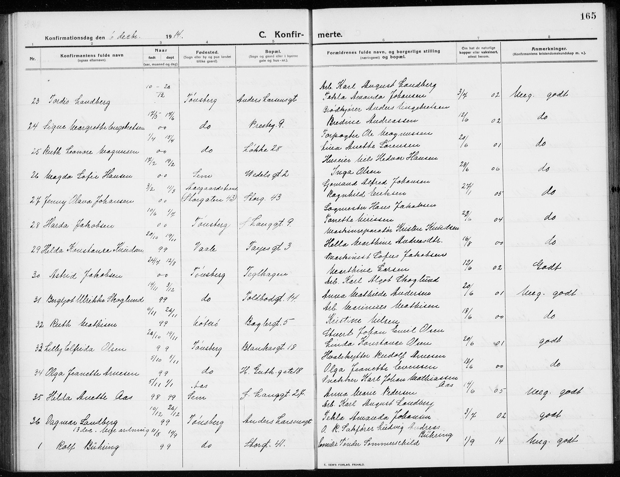 Tønsberg kirkebøker, AV/SAKO-A-330/G/Ga/L0009: Parish register (copy) no. 9, 1913-1920, p. 165