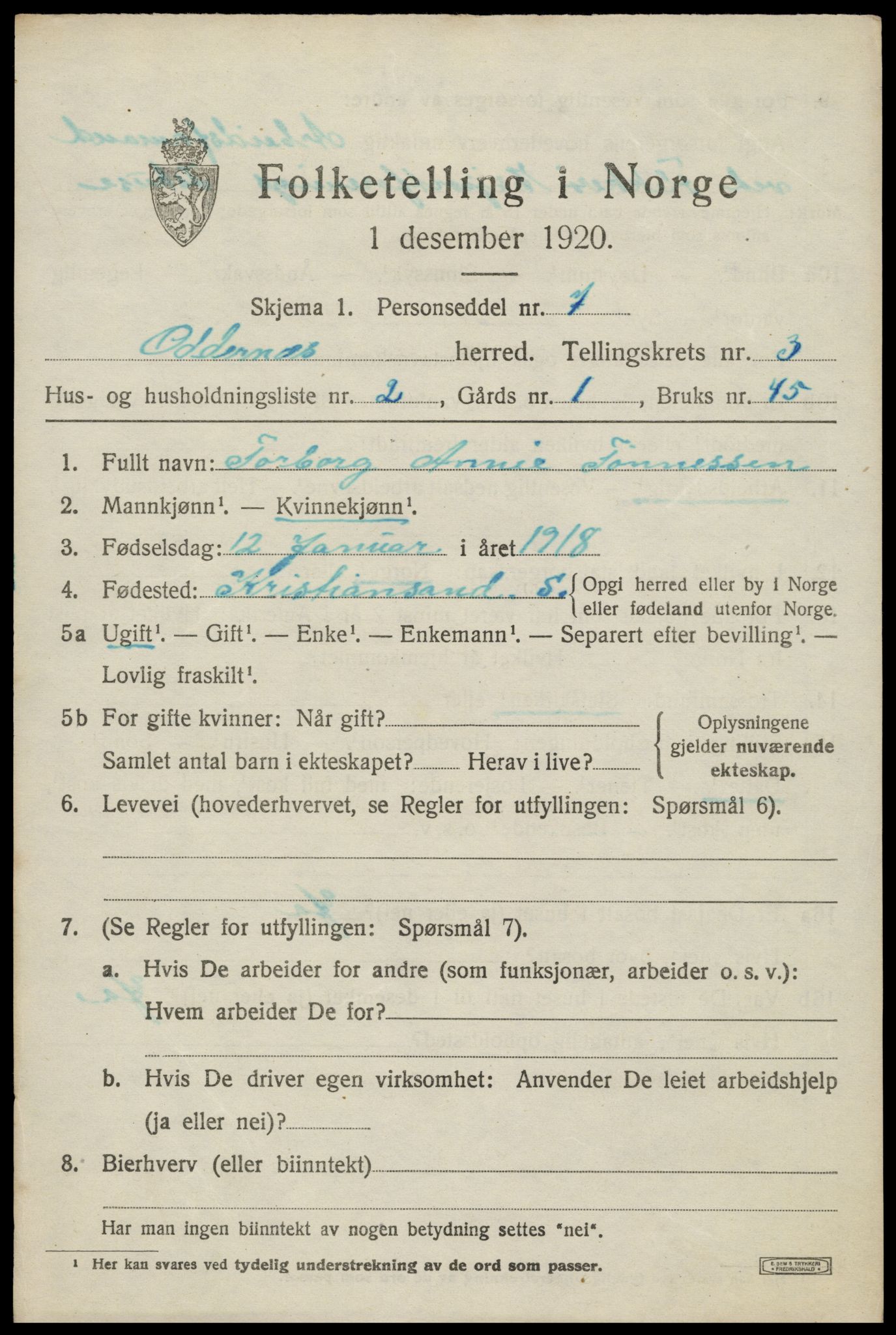 SAK, 1920 census for Oddernes, 1920, p. 3367