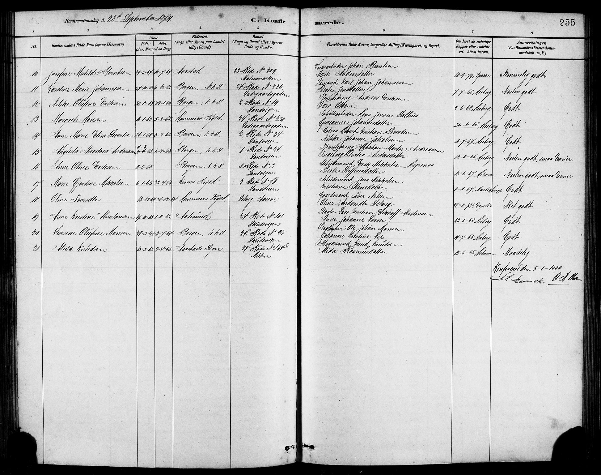 Sandviken Sokneprestembete, AV/SAB-A-77601/H/Hb/L0001: Parish register (copy) no. A 2, 1879-1892, p. 255