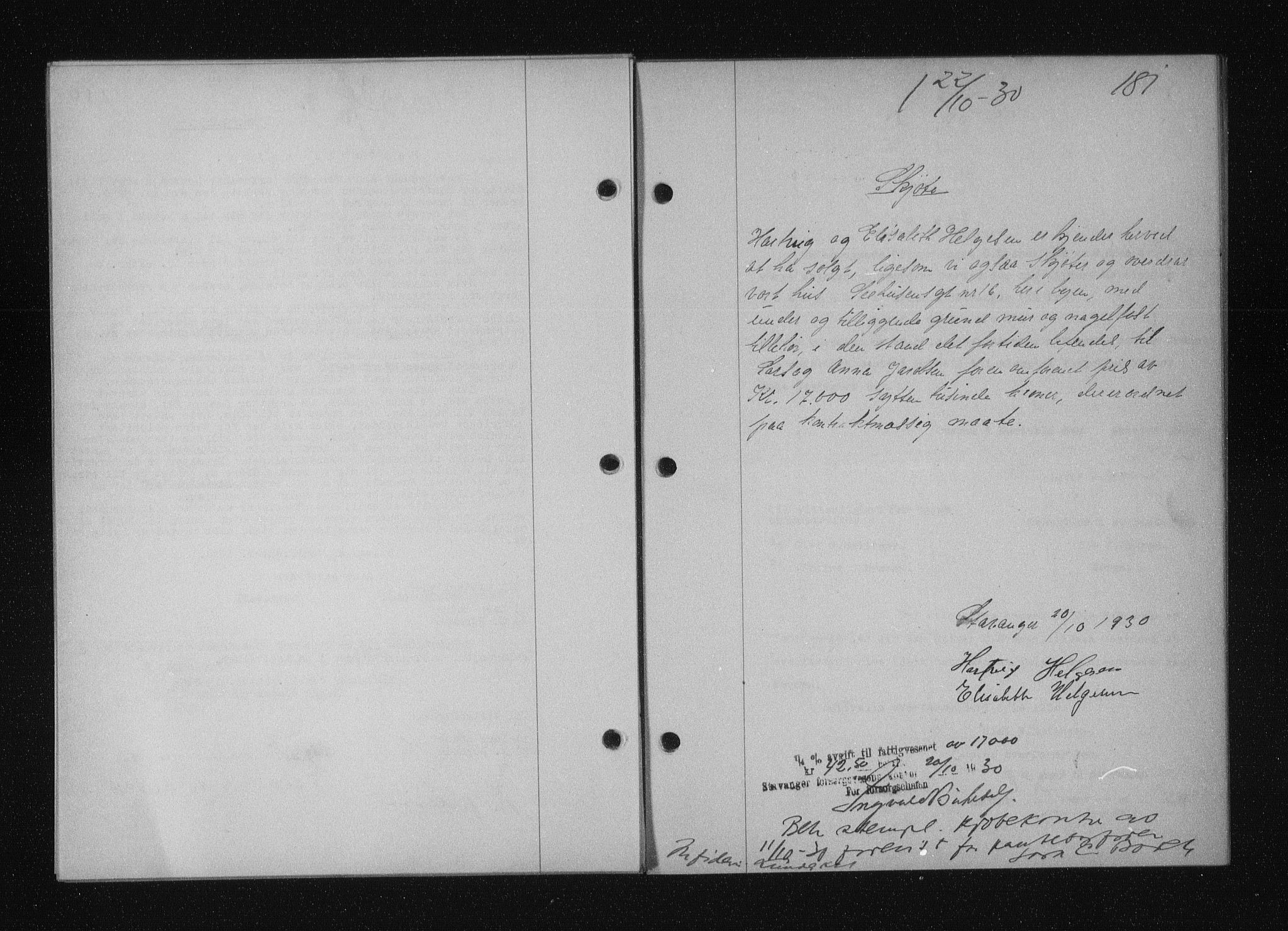 Stavanger byfogd, SAST/A-101408/001/4/41/410/410BB/L0058: Mortgage book no. 48, 1930-1931, Deed date: 22.10.1930