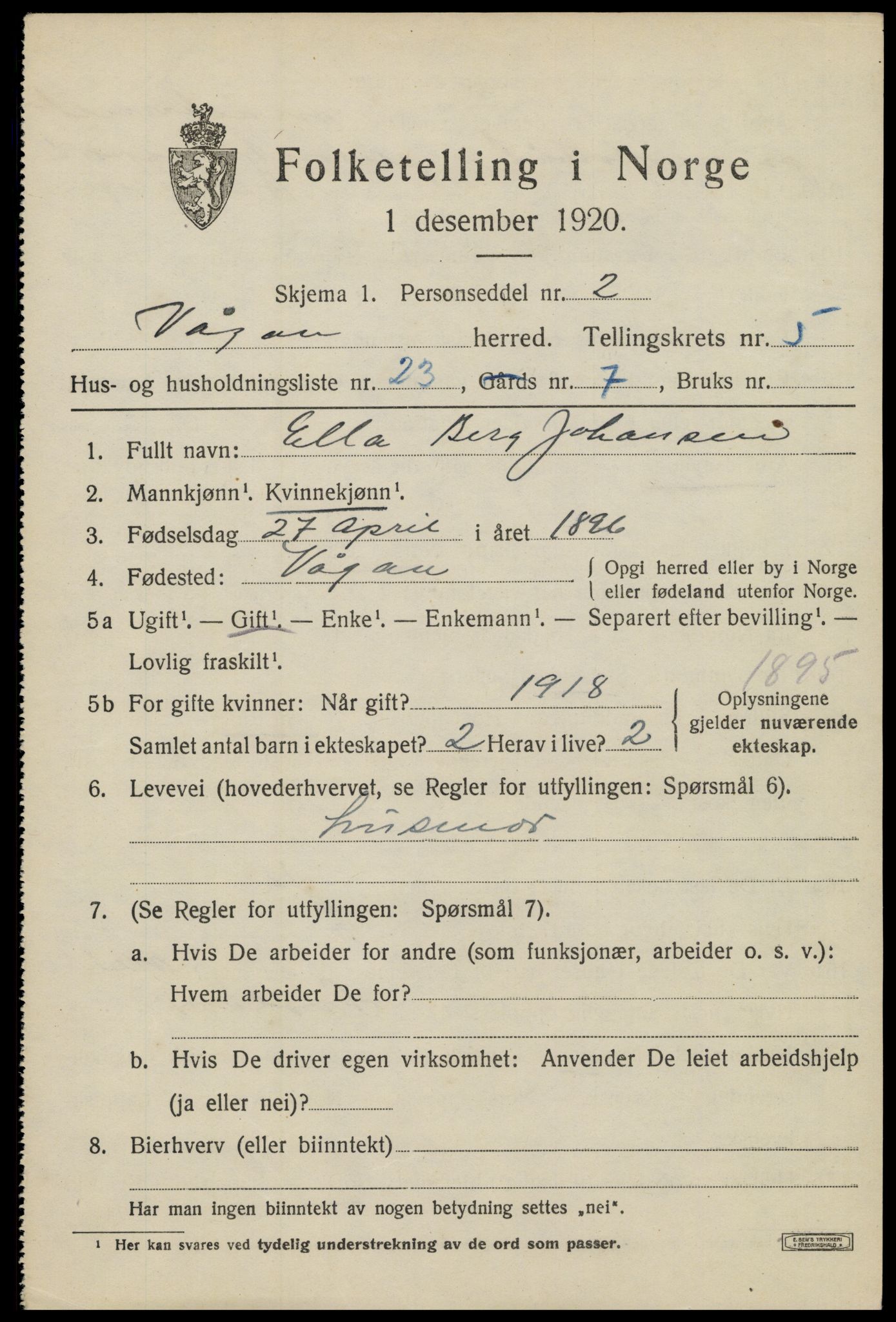 SAT, 1920 census for Vågan, 1920, p. 5423