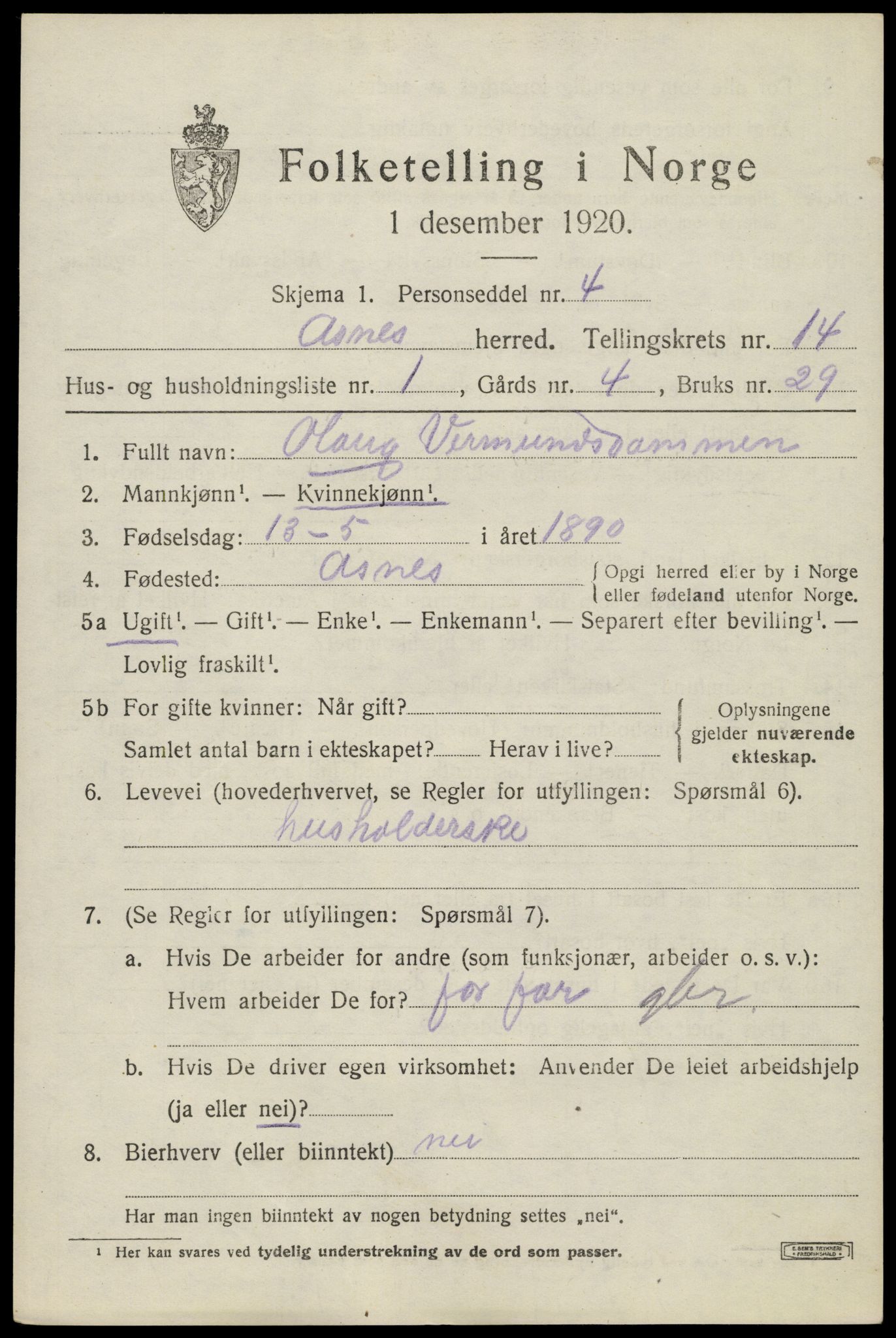 SAH, 1920 census for Åsnes, 1920, p. 13350