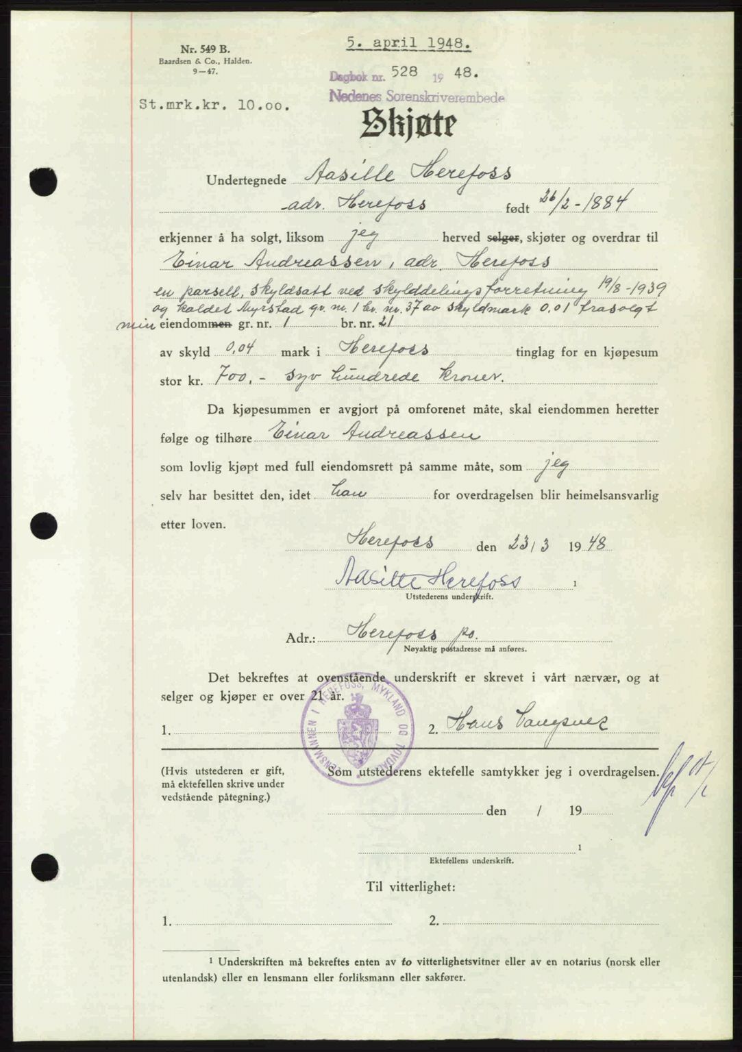 Nedenes sorenskriveri, AV/SAK-1221-0006/G/Gb/Gba/L0059: Mortgage book no. A11, 1948-1948, Diary no: : 528/1948