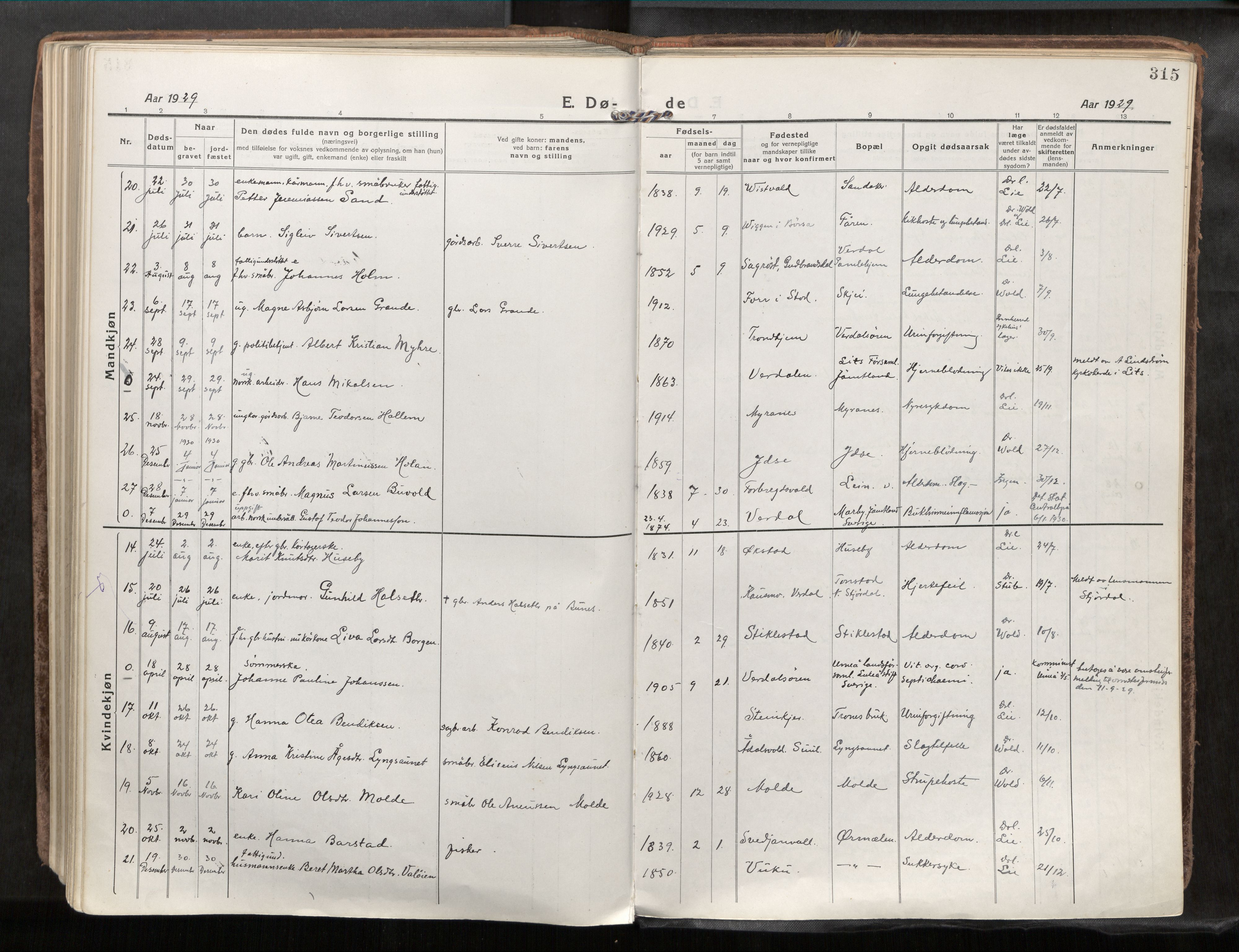 Verdal sokneprestkontor, SAT/A-1156/2/H/Haa/L0001: Parish register (official) no. 1, 1917-1932, p. 315