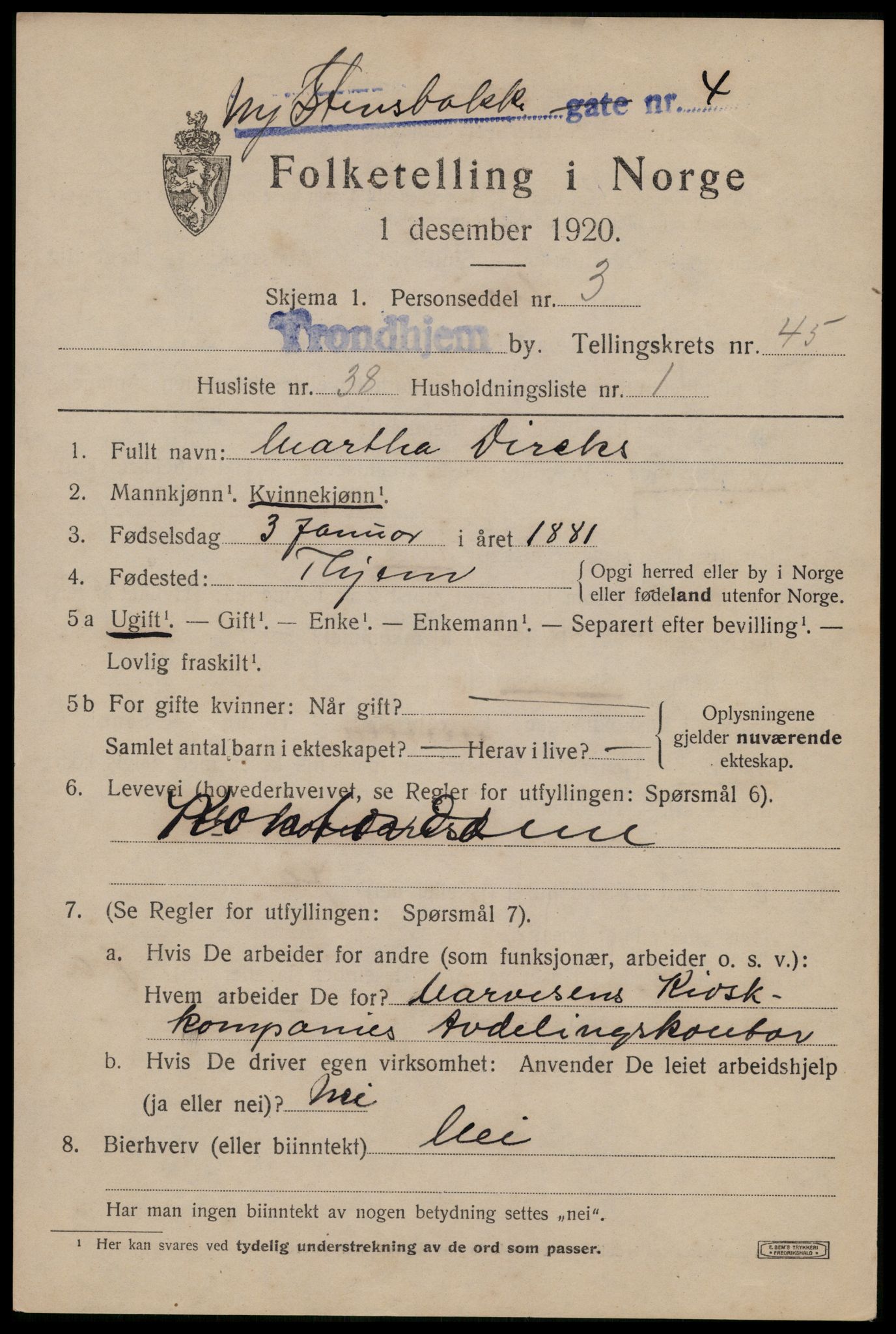 SAT, 1920 census for Trondheim, 1920, p. 97592