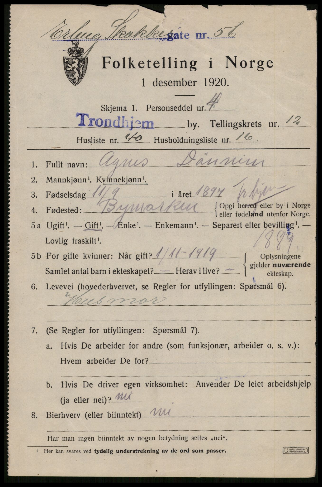 SAT, 1920 census for Trondheim, 1920, p. 49422