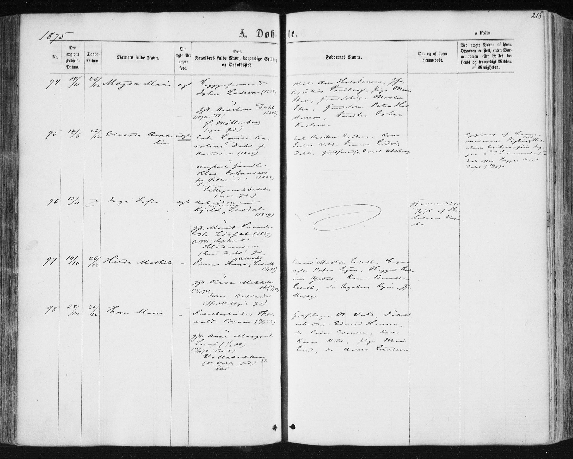 Ministerialprotokoller, klokkerbøker og fødselsregistre - Sør-Trøndelag, SAT/A-1456/604/L0186: Parish register (official) no. 604A07, 1866-1877, p. 216