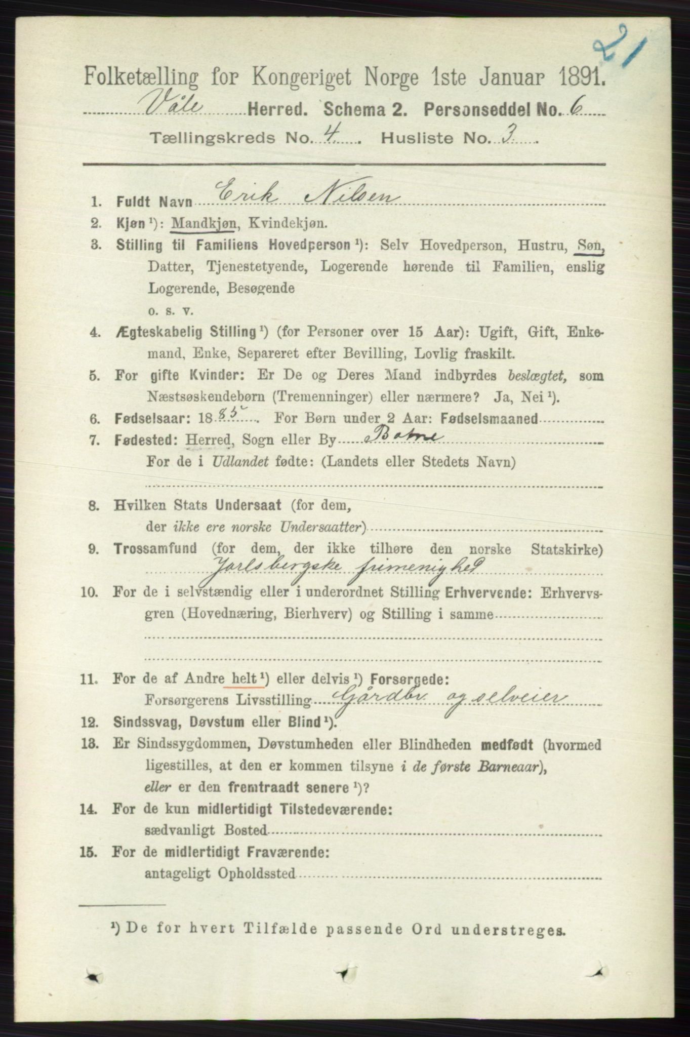 RA, 1891 census for 0716 Våle, 1891, p. 1003