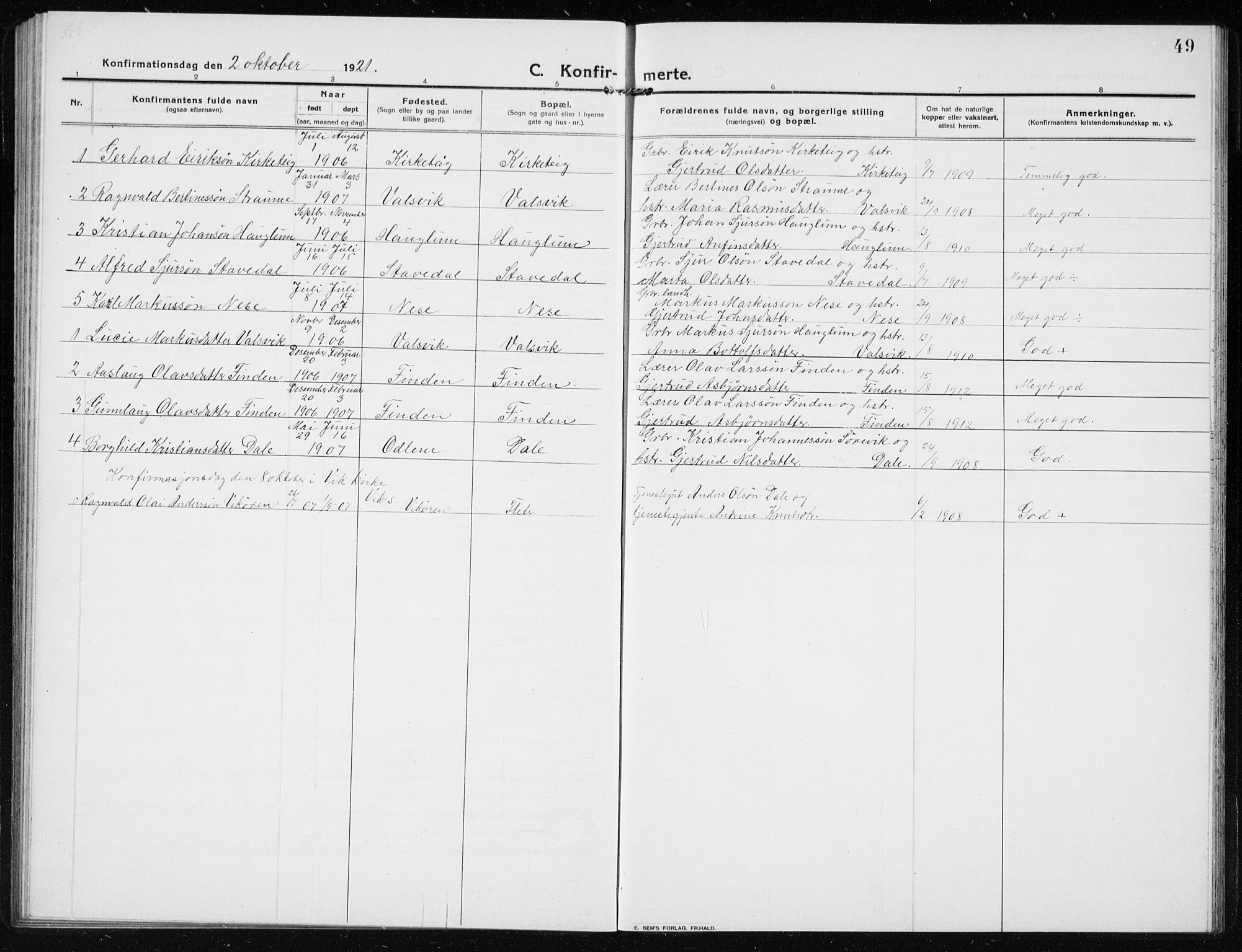 Vik sokneprestembete, AV/SAB-A-81501/H/Hab/Habb/L0004: Parish register (copy) no. B 4, 1913-1938, p. 49