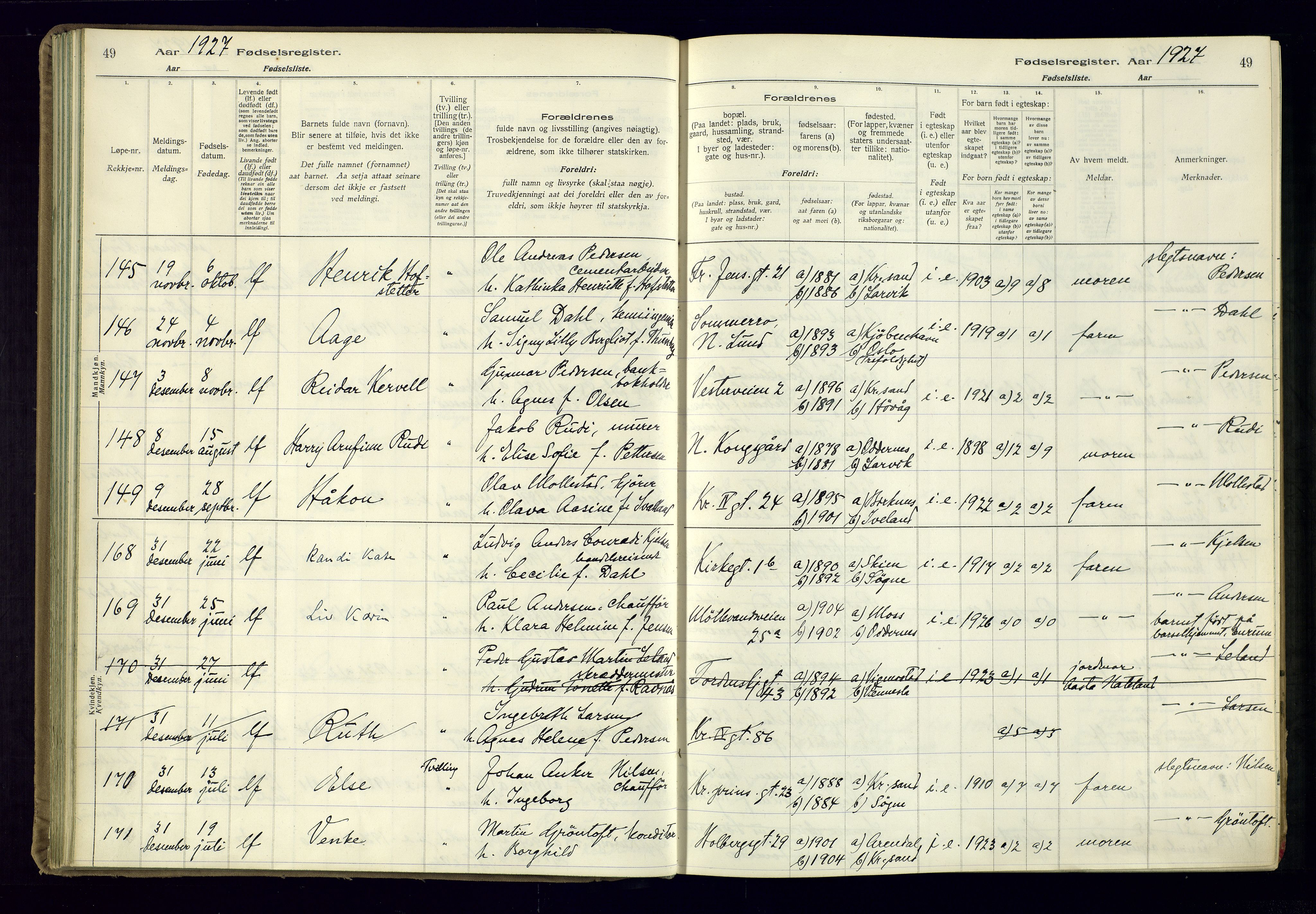 Kristiansand domprosti, SAK/1112-0006/J/Jc/L0003: Birth register no. A-VI-47, 1926-1931, p. 49