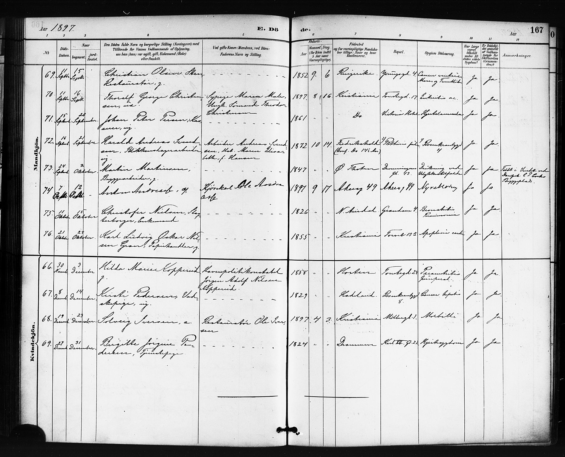 Oslo domkirke Kirkebøker, SAO/A-10752/F/Fa/L0035: Parish register (official) no. 35, 1885-1901, p. 167