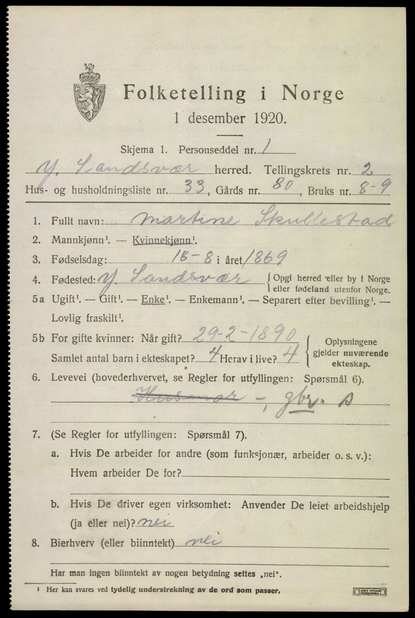 SAKO, 1920 census for Ytre Sandsvær, 1920, p. 3004