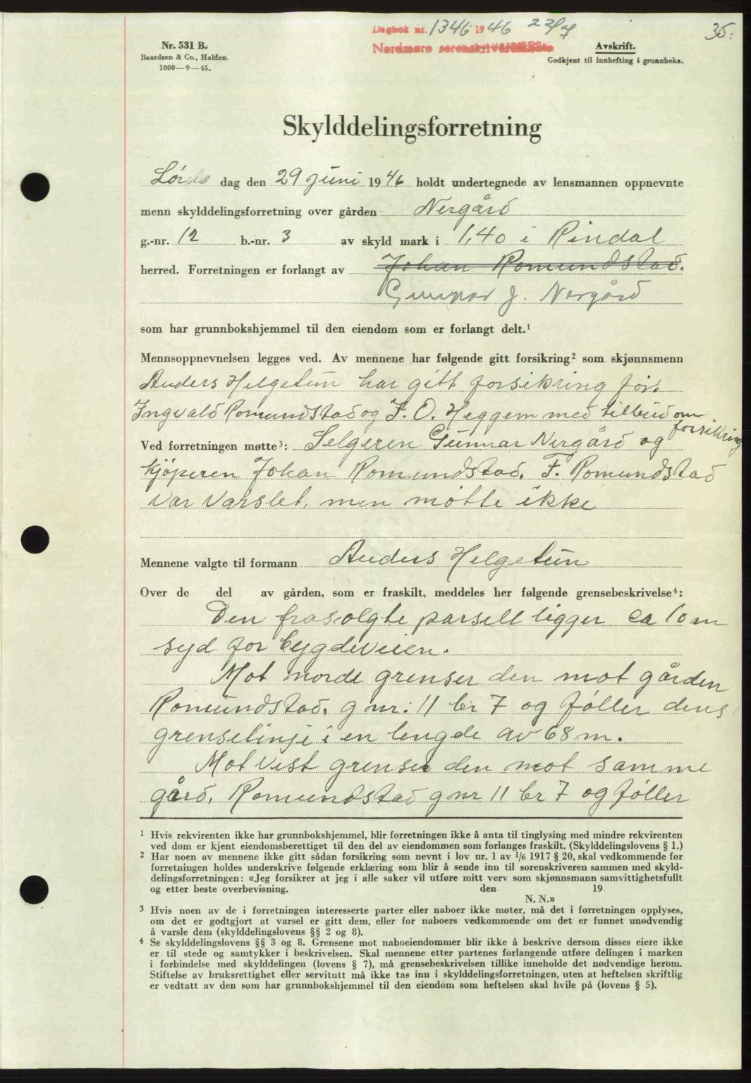 Nordmøre sorenskriveri, AV/SAT-A-4132/1/2/2Ca: Mortgage book no. A102, 1946-1946, Diary no: : 1346/1946