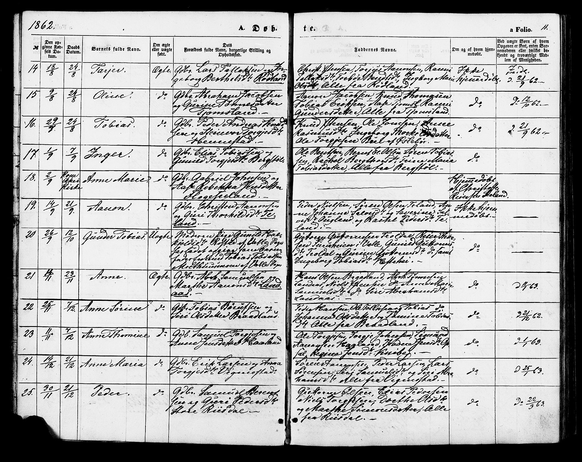 Nord-Audnedal sokneprestkontor, AV/SAK-1111-0032/F/Fa/Fab/L0002: Parish register (official) no. A 2, 1859-1882, p. 11