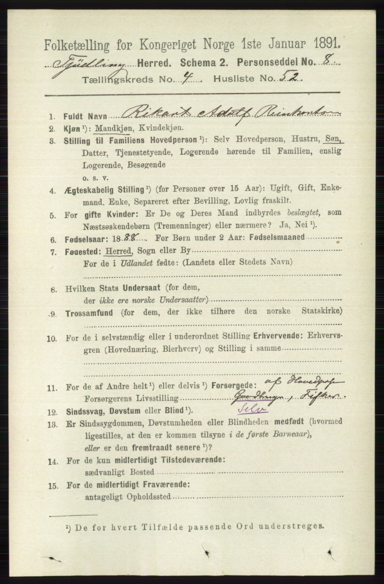 RA, 1891 census for 0725 Tjølling, 1891, p. 1748