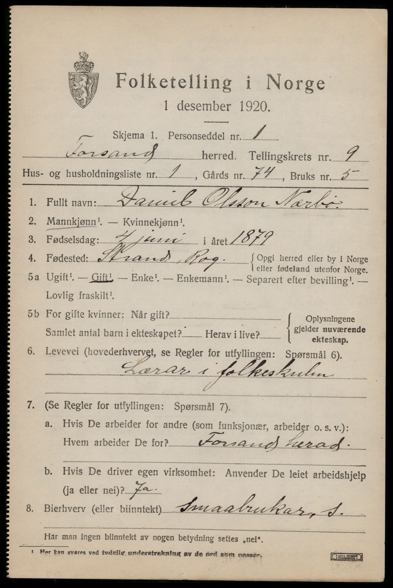 SAST, 1920 census for Forsand, 1920, p. 3975