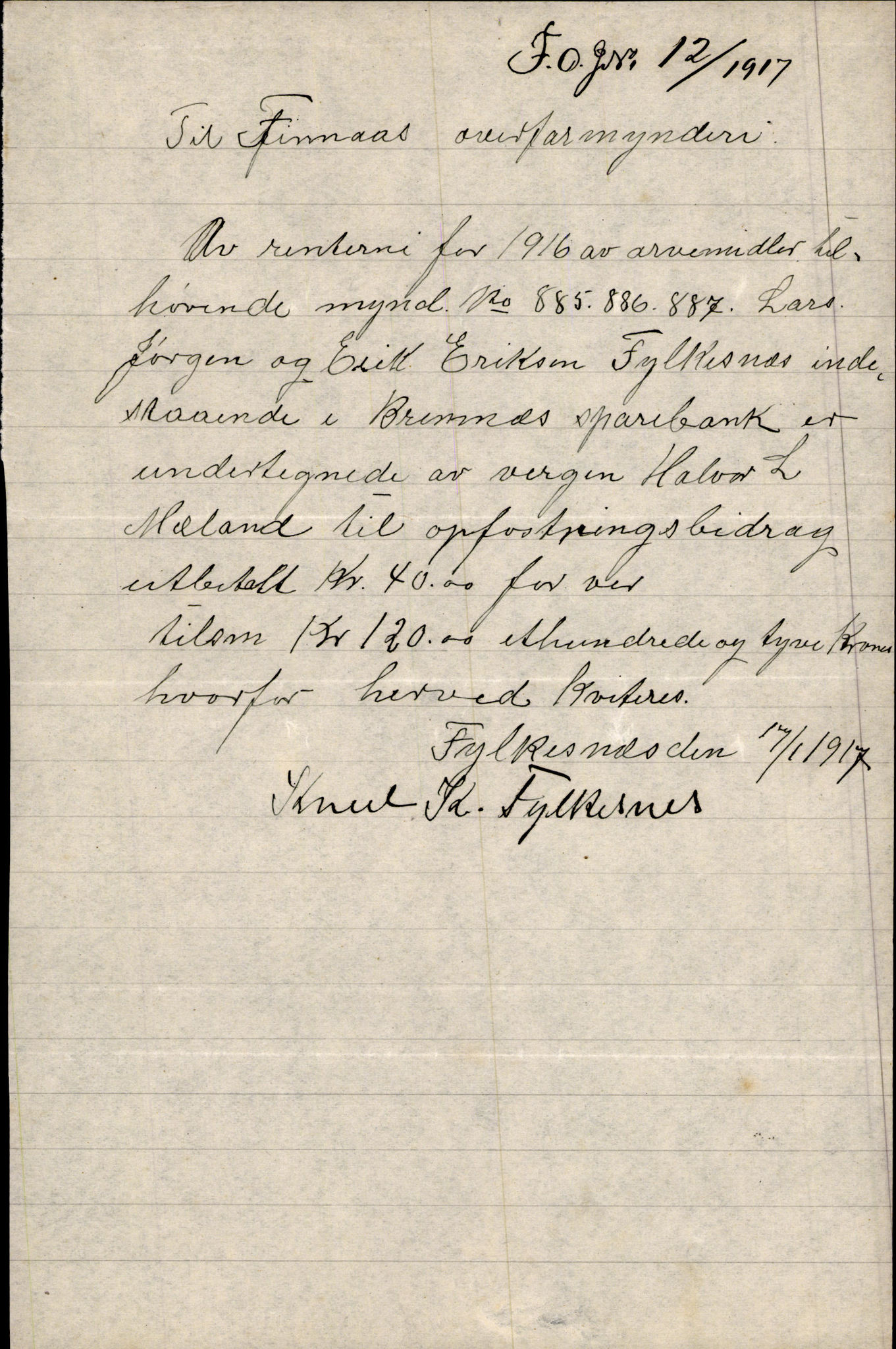 Finnaas kommune. Overformynderiet, IKAH/1218a-812/D/Da/Daa/L0003/0002: Kronologisk ordna korrespondanse / Kronologisk ordna korrespondanse, 1917-1919, p. 3