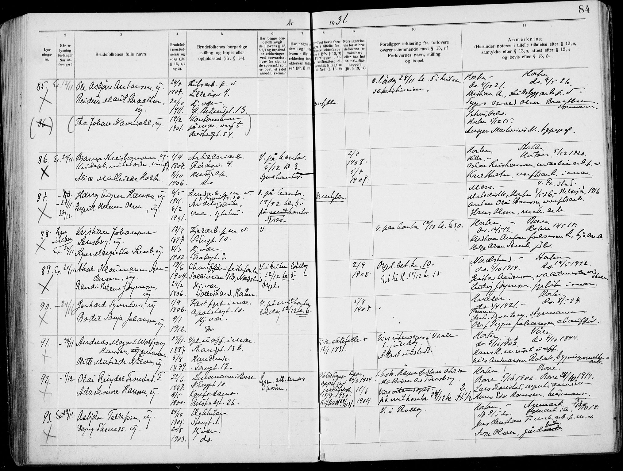 Horten kirkebøker, AV/SAKO-A-348/H/Ha/L0006: Banns register no. 6, 1920-1934, p. 84