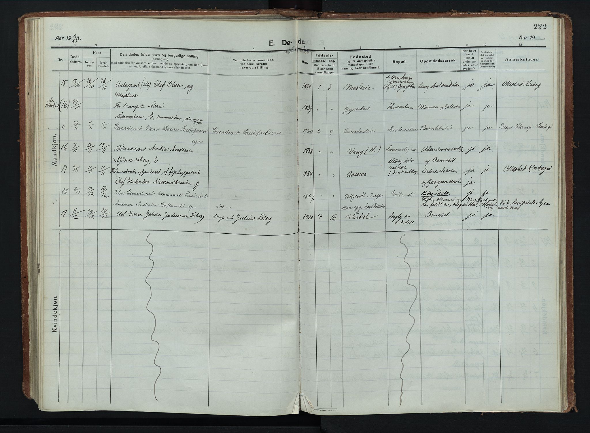 Stange prestekontor, AV/SAH-PREST-002/K/L0028: Parish register (official) no. 28, 1913-1932, p. 222