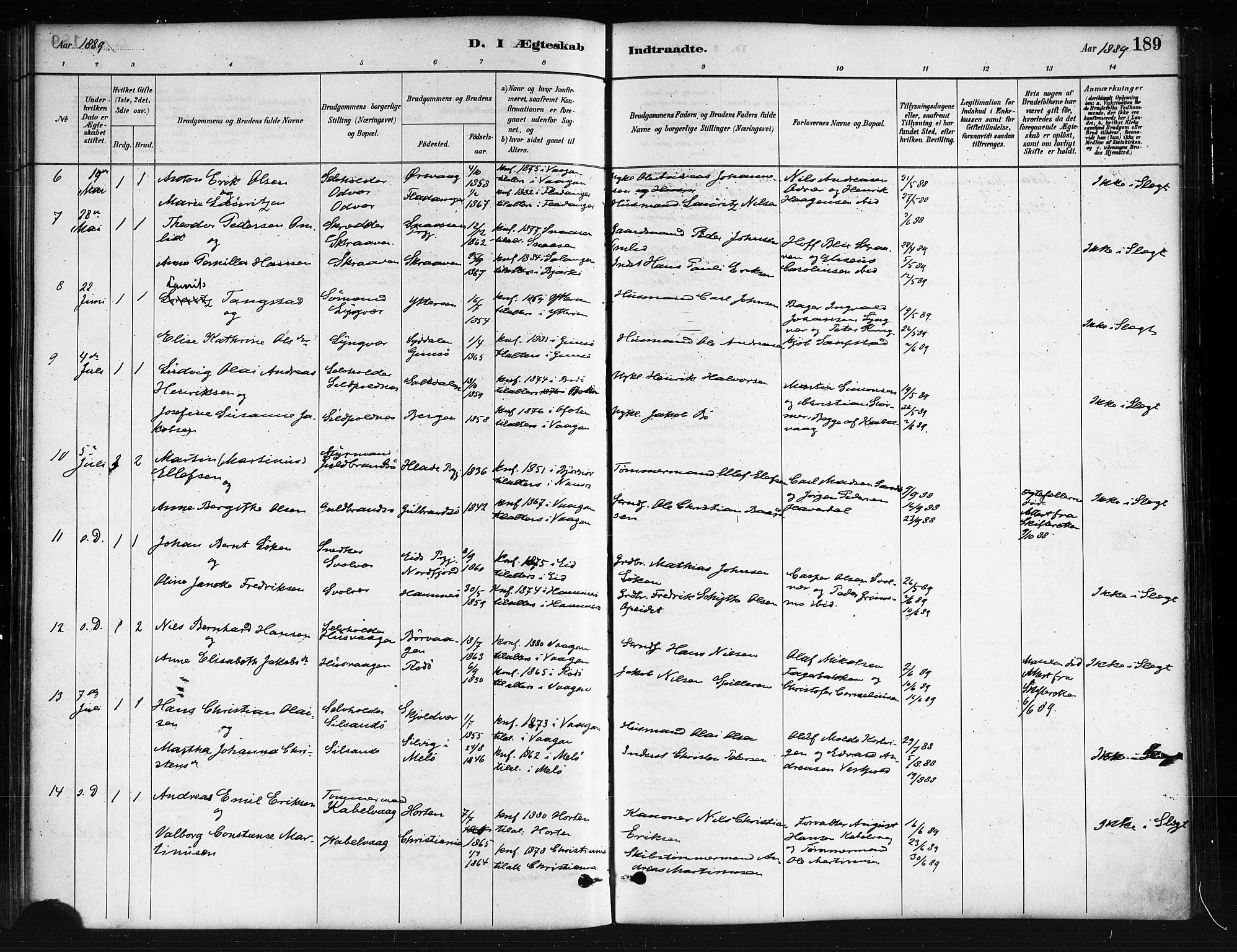 Ministerialprotokoller, klokkerbøker og fødselsregistre - Nordland, AV/SAT-A-1459/874/L1059: Parish register (official) no. 874A03, 1884-1890, p. 189