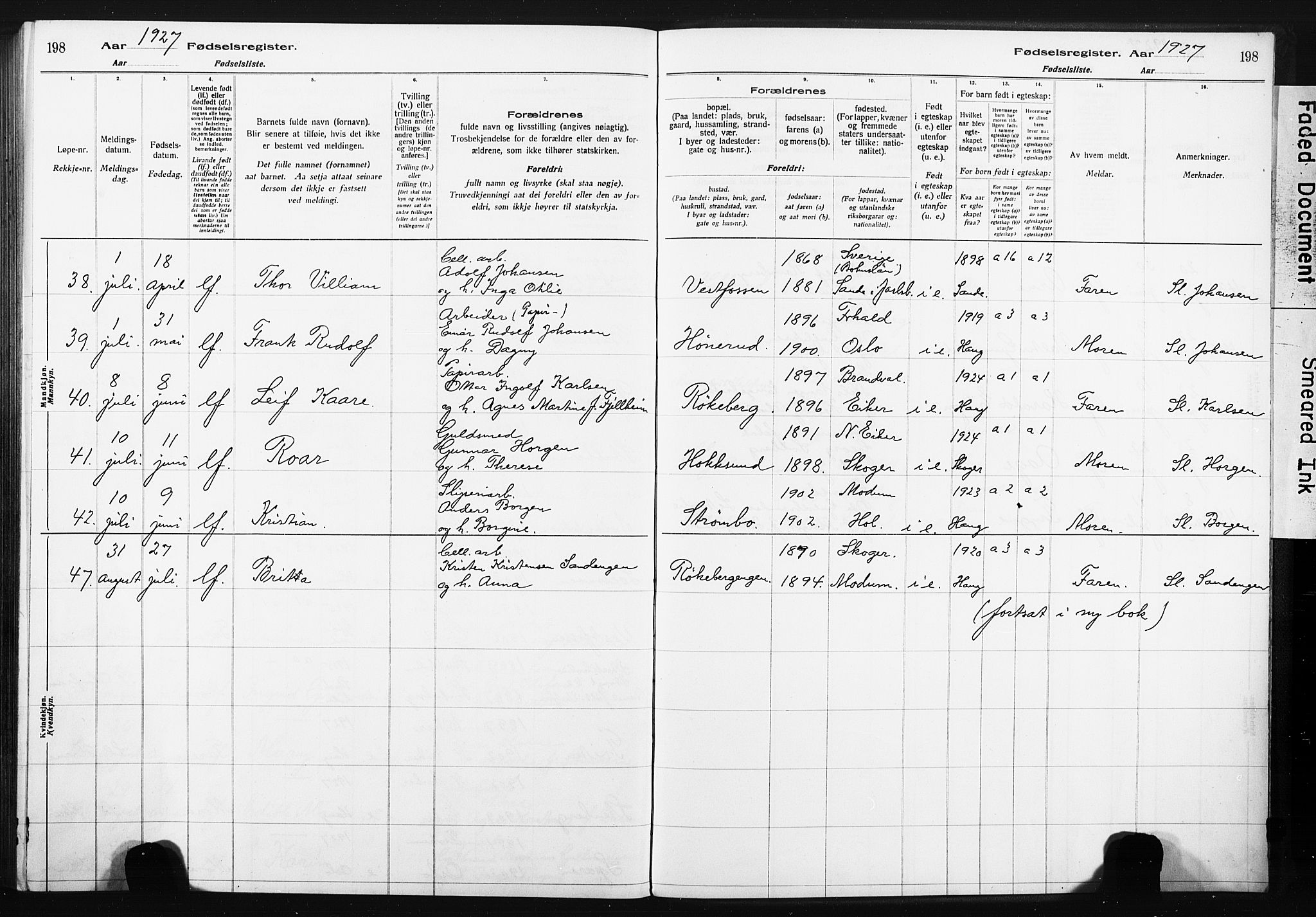 Eiker kirkebøker, AV/SAKO-A-4/J/Ja/L0001: Birth register no. I 1, 1916-1927, p. 198