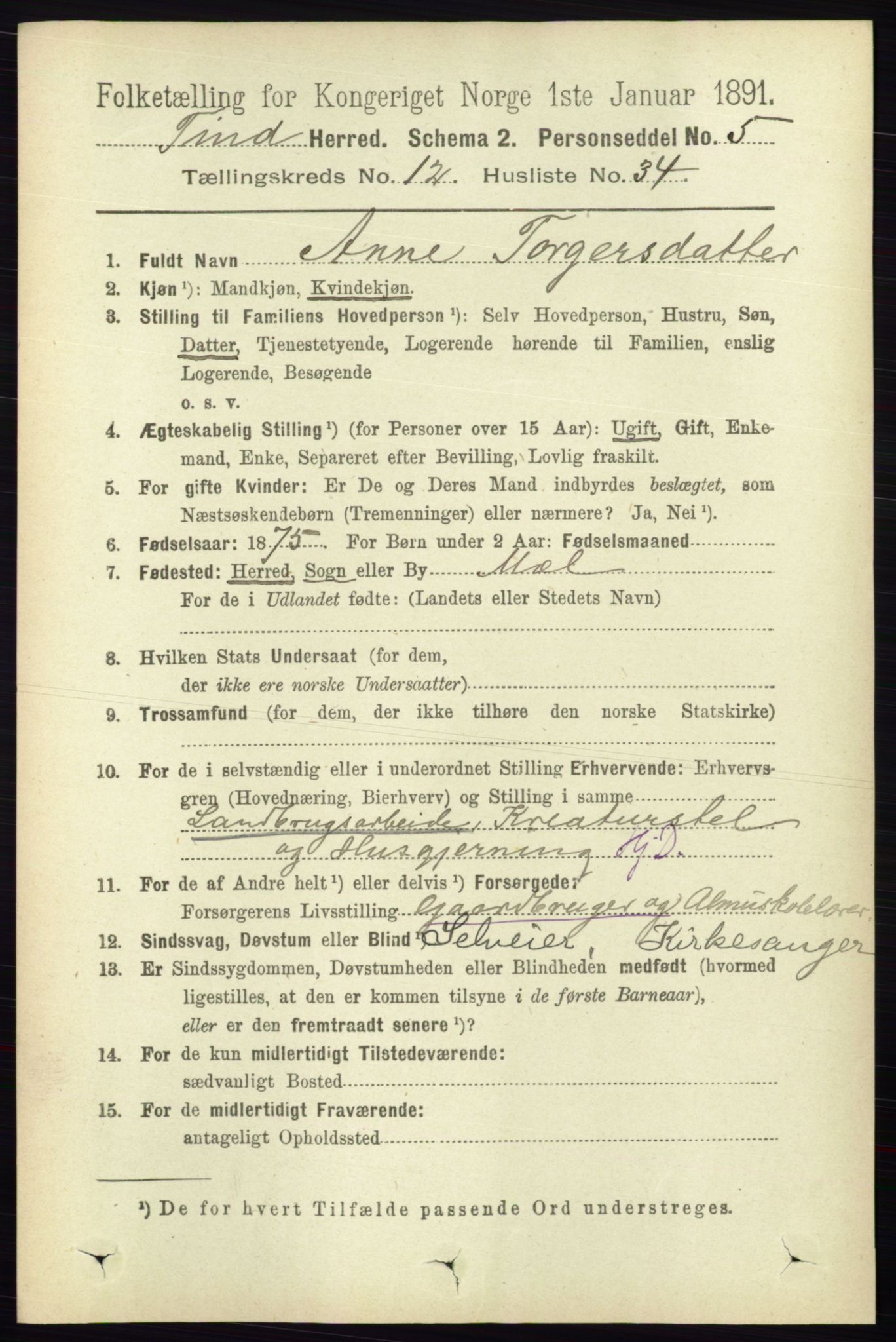 RA, 1891 census for 0826 Tinn, 1891, p. 2512