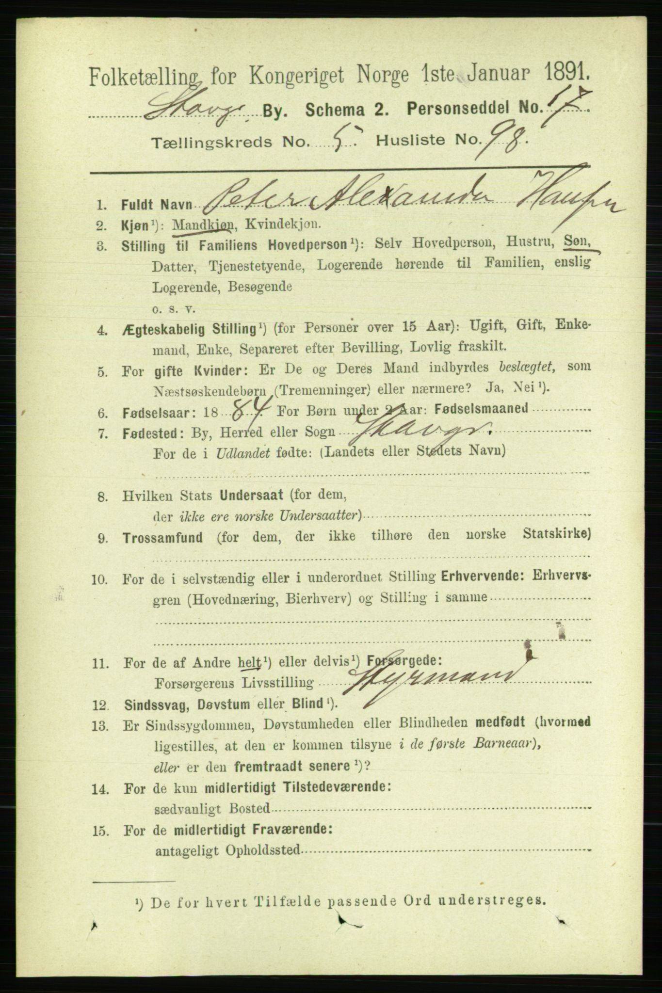 RA, 1891 census for 1103 Stavanger, 1891, p. 9969