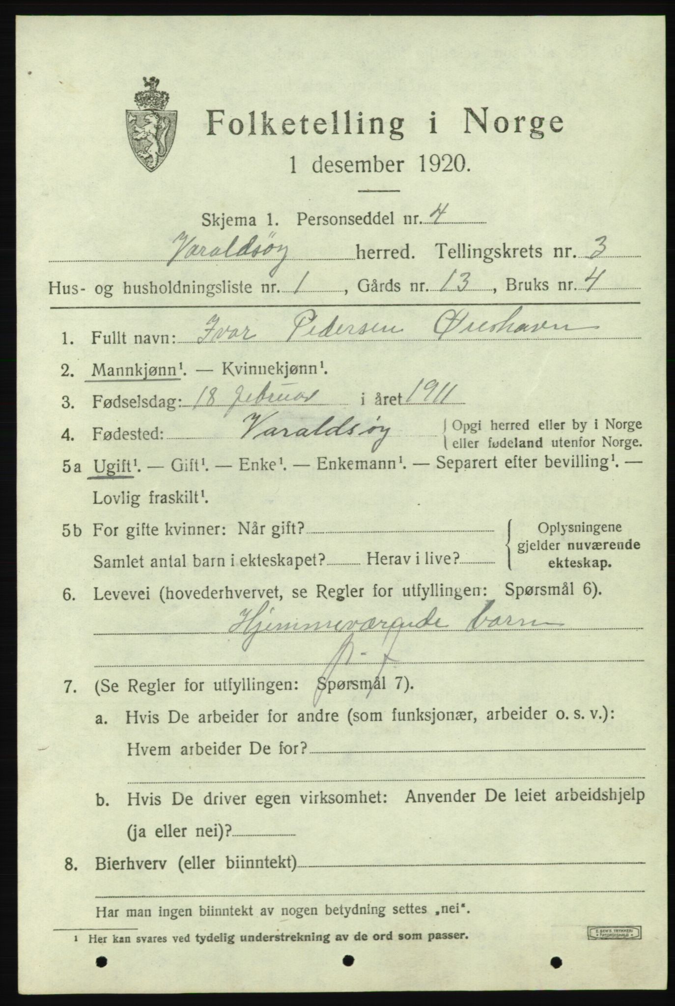 SAB, 1920 census for Varaldsøy, 1920, p. 1267