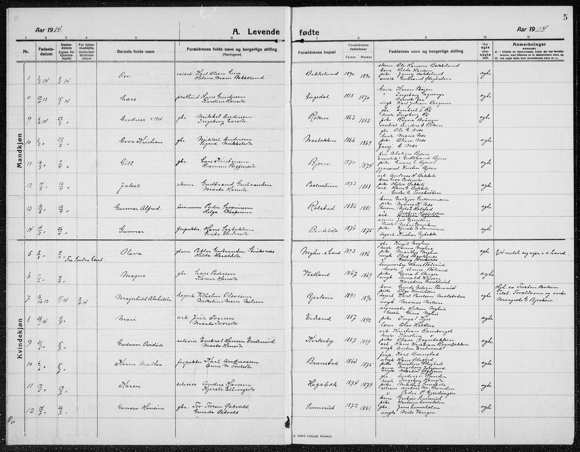 Brandbu prestekontor, AV/SAH-PREST-114/H/Ha/Hab/L0001: Parish register (copy) no. 1, 1914-1937, p. 5