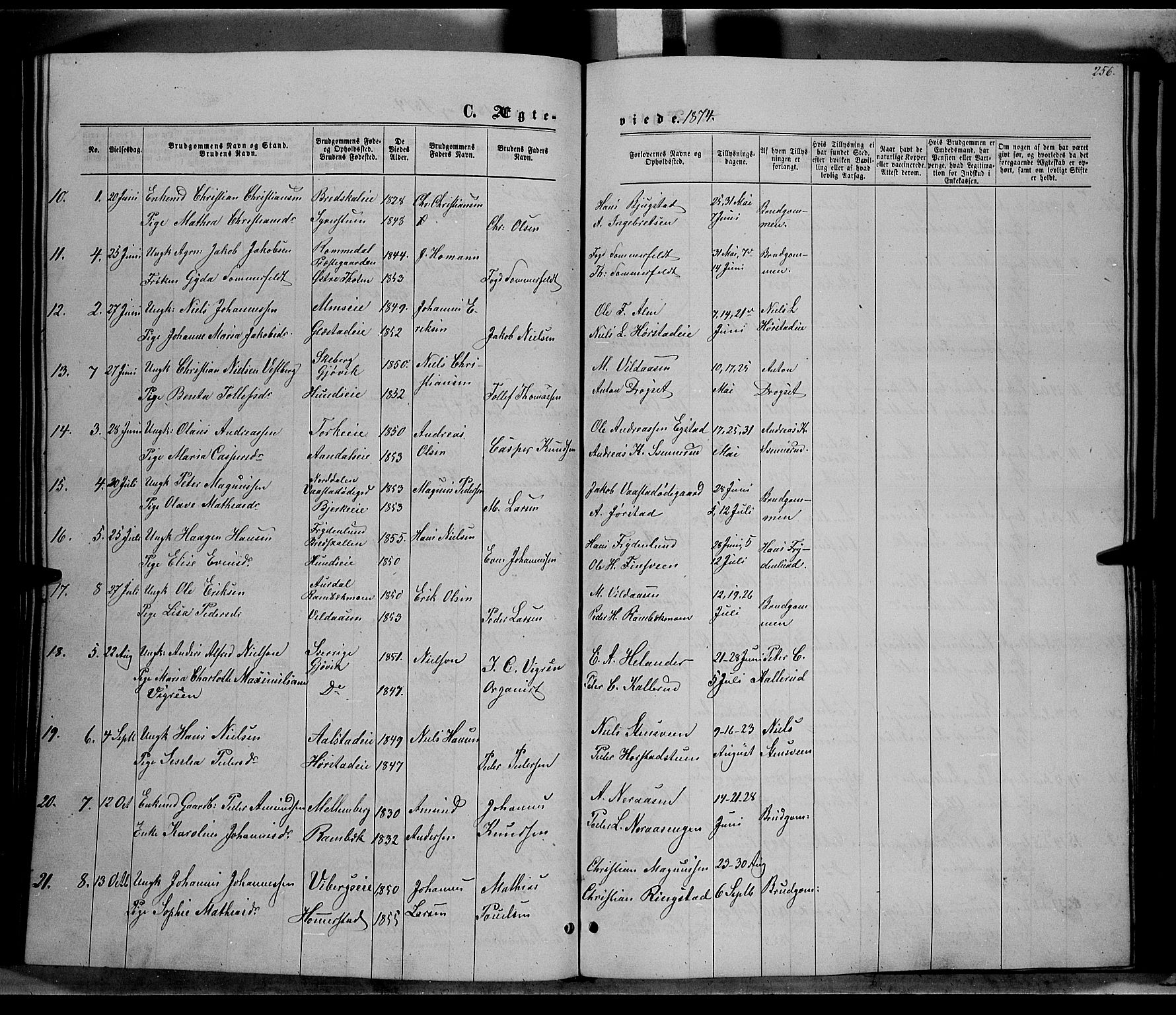 Vardal prestekontor, AV/SAH-PREST-100/H/Ha/Hab/L0006: Parish register (copy) no. 6, 1869-1881, p. 256