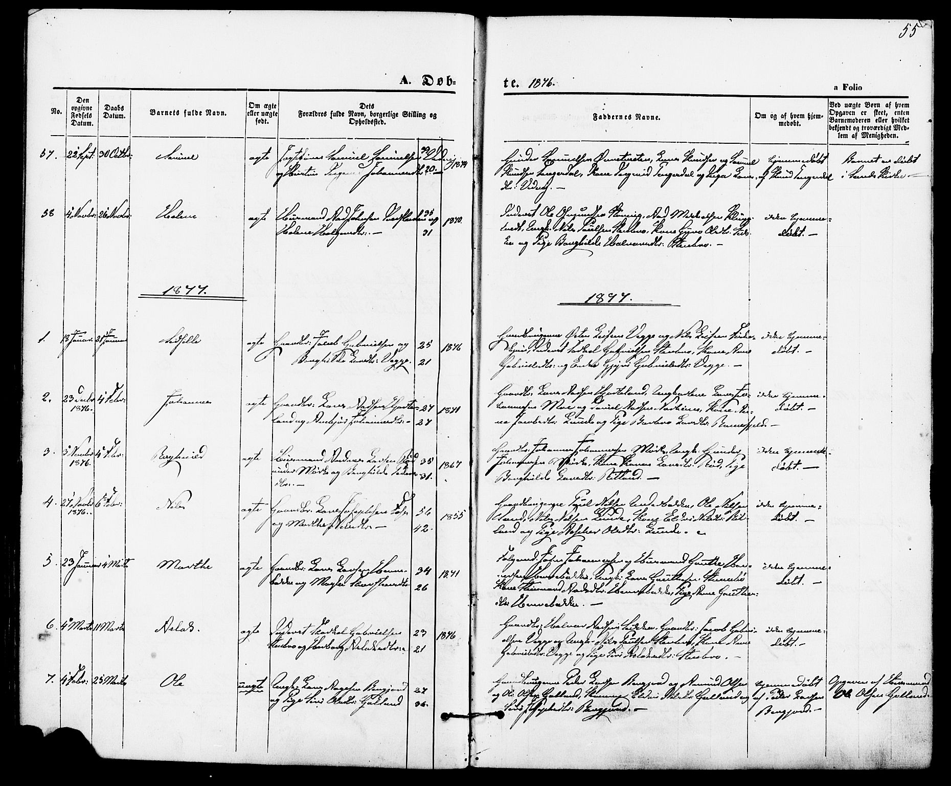 Suldal sokneprestkontor, AV/SAST-A-101845/01/IV/L0010: Parish register (official) no. A 10, 1869-1878, p. 55