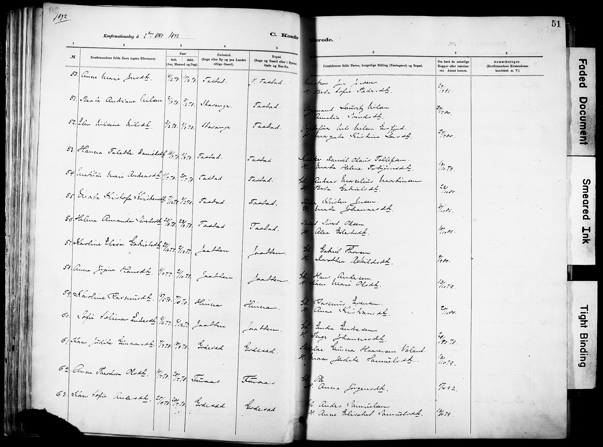 Hetland sokneprestkontor, SAST/A-101826/30/30BA/L0012: Parish register (official) no. A 12, 1882-1912, p. 51
