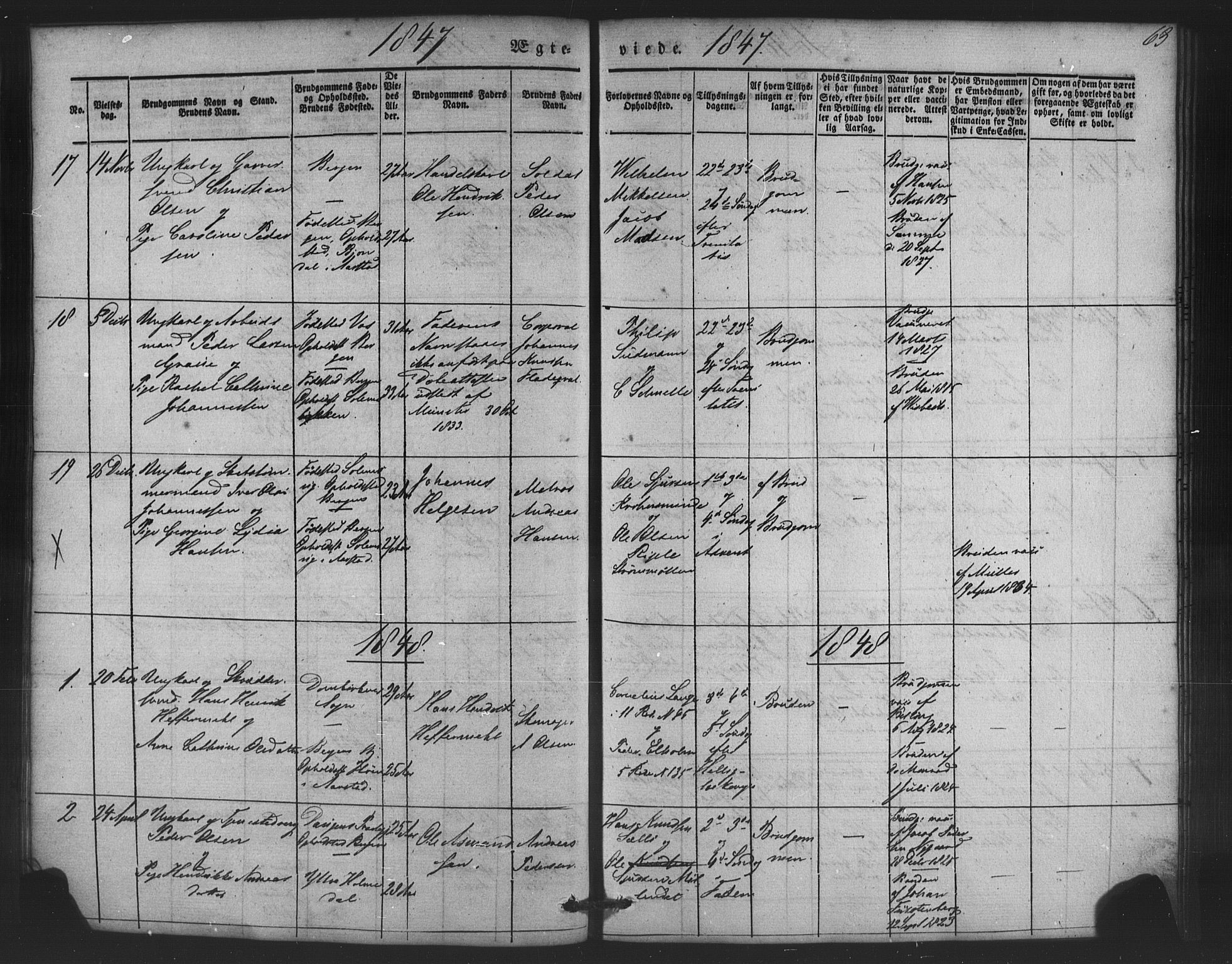 St. Jørgens hospital og Årstad sokneprestembete, AV/SAB-A-99934: Parish register (copy) no. A 5, 1844-1871, p. 63