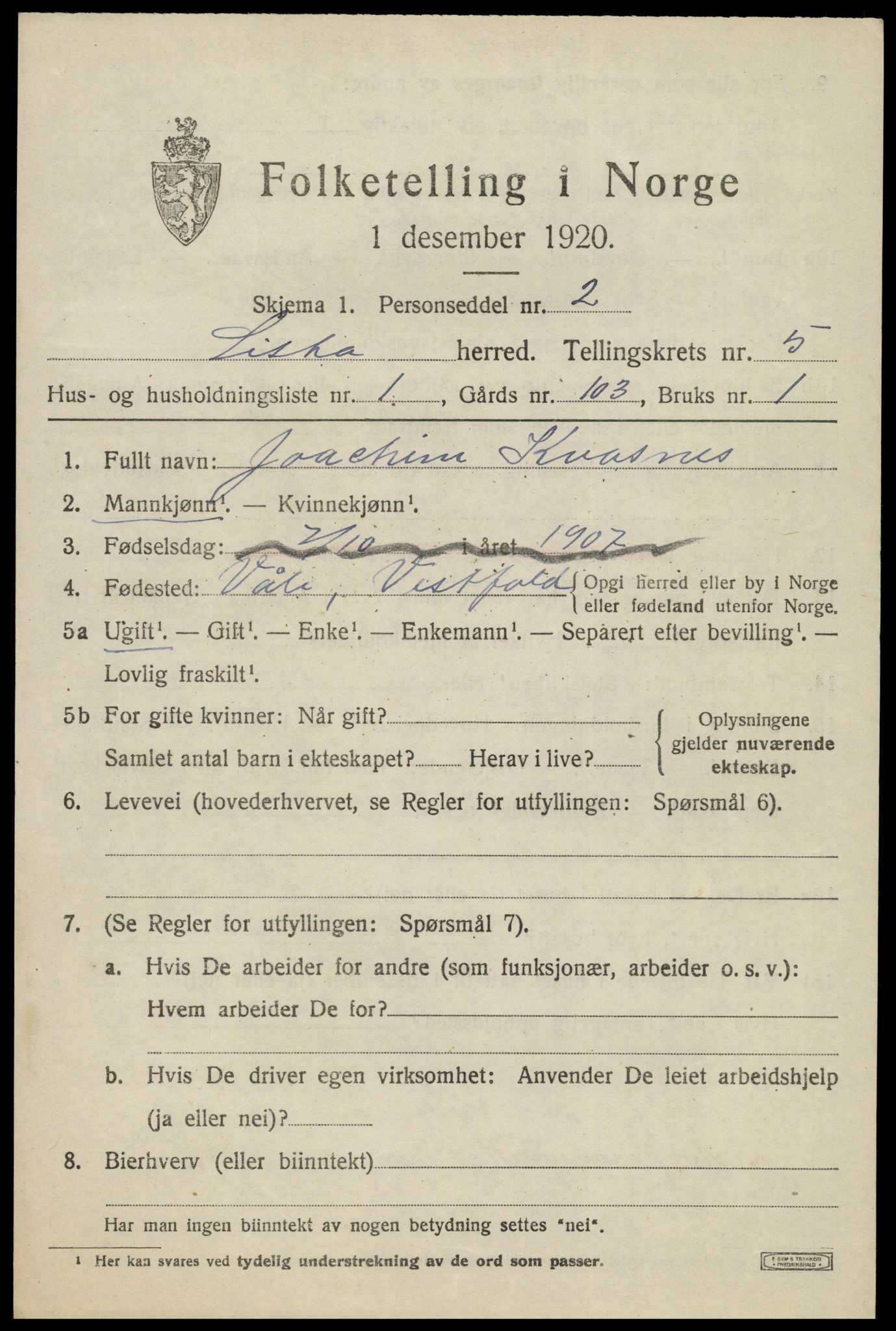 SAK, 1920 census for Lista, 1920, p. 5507