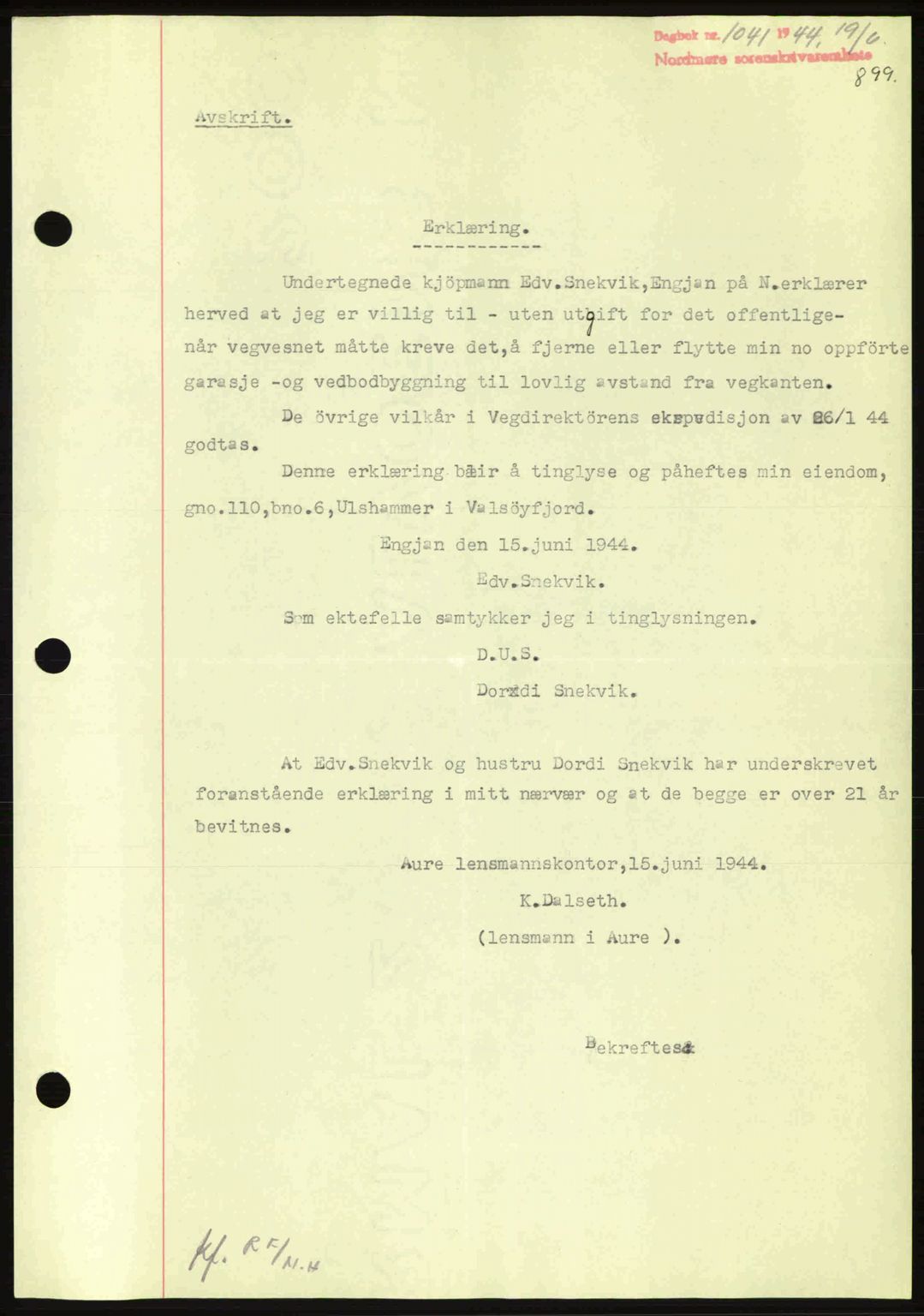 Nordmøre sorenskriveri, AV/SAT-A-4132/1/2/2Ca: Mortgage book no. B91, 1943-1944, Diary no: : 1041/1944