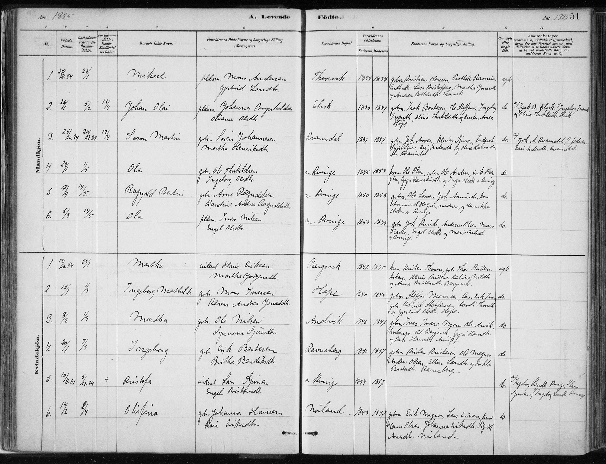 Masfjorden Sokneprestembete, SAB/A-77001: Parish register (official) no. B  1, 1876-1899, p. 51