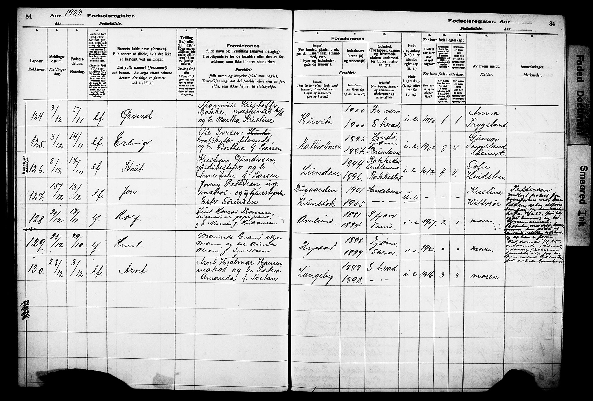 Sandar kirkebøker, AV/SAKO-A-243/J/Ja/L0002: Birth register no. 2, 1922-1929, p. 84