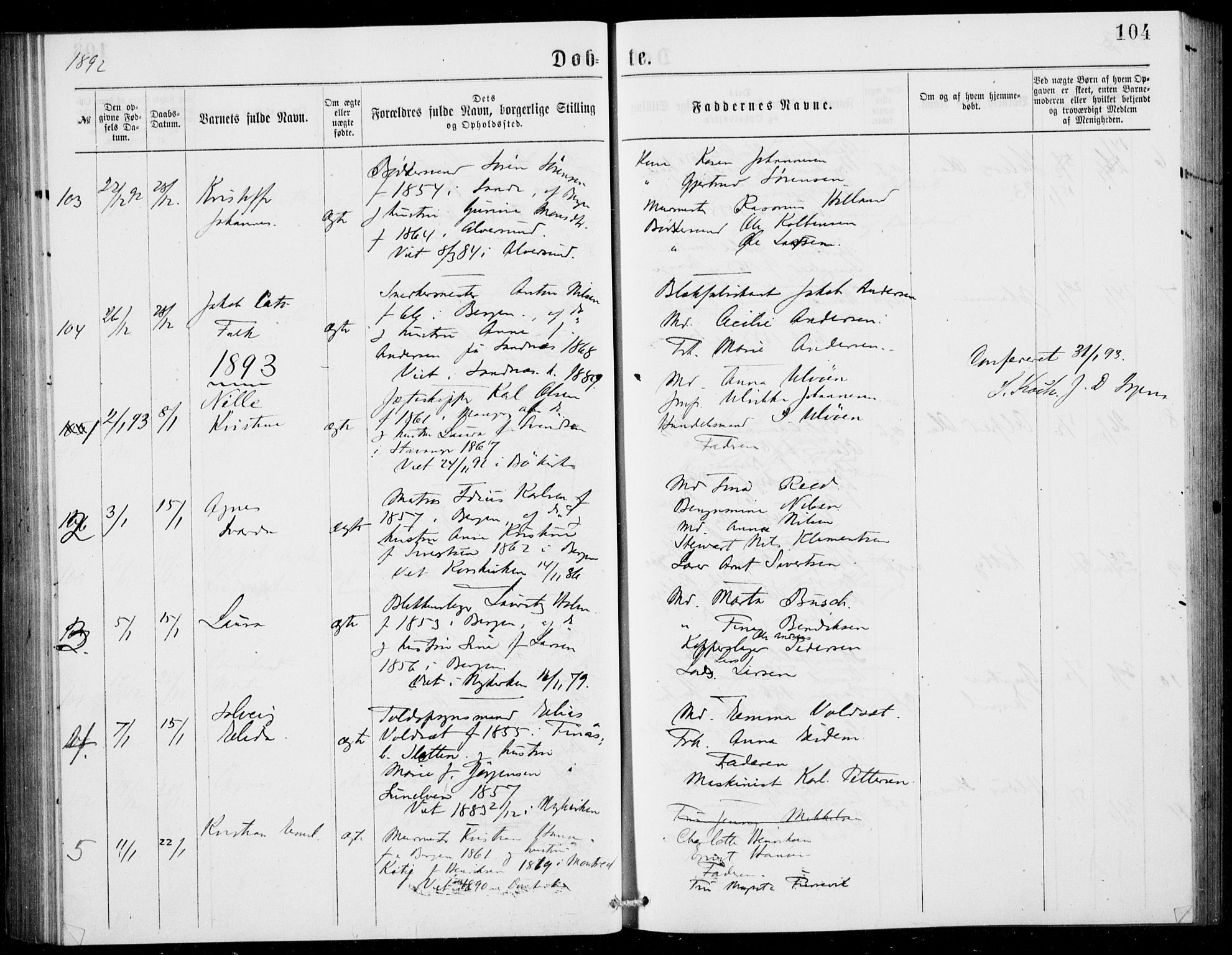 Fødselsstiftelsens sokneprestembete, ført av overlegen*, SAB/-: Parish register (official) no. A 2, 1884-1900, p. 104