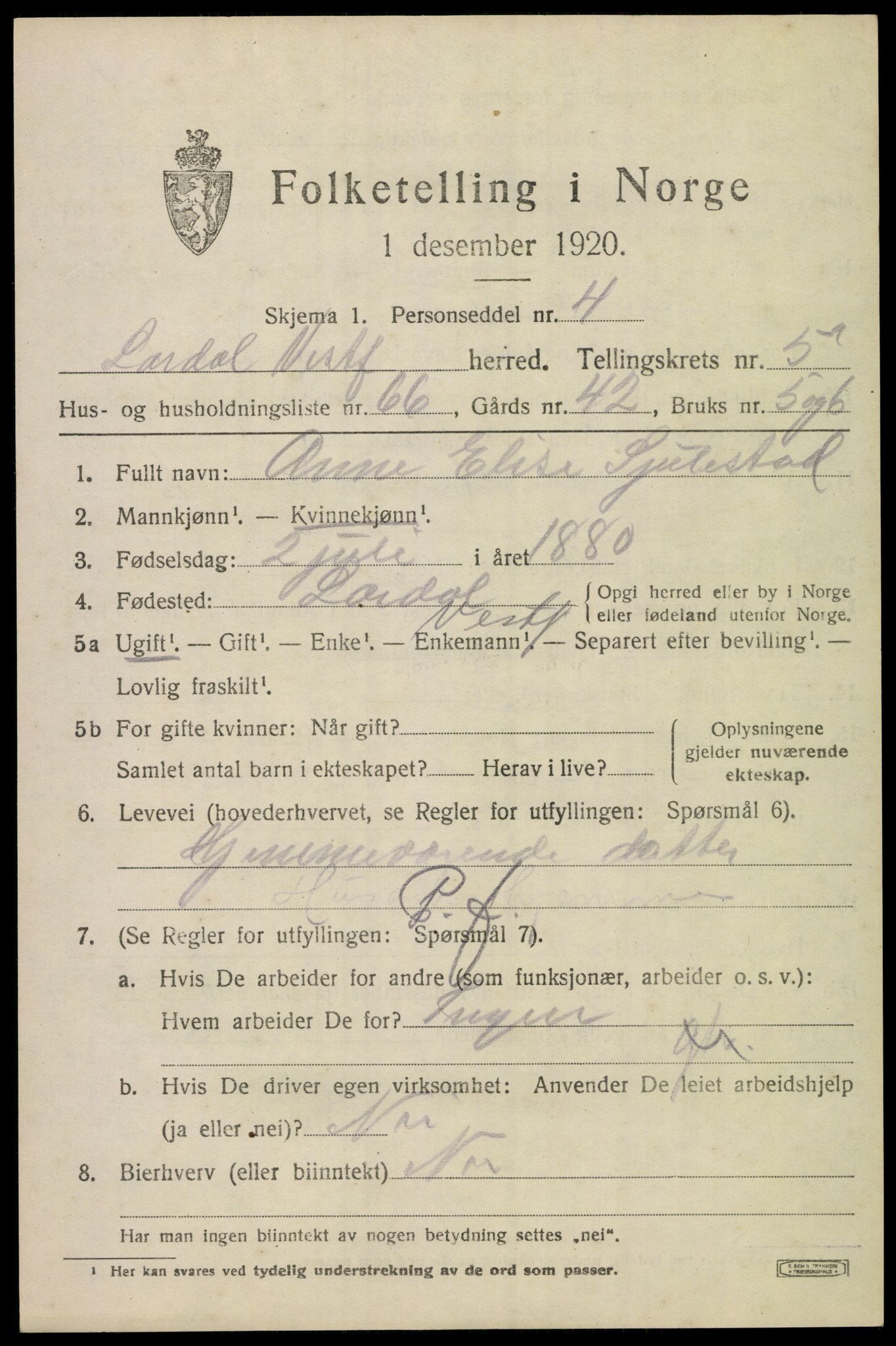 SAKO, 1920 census for Lardal, 1920, p. 5195
