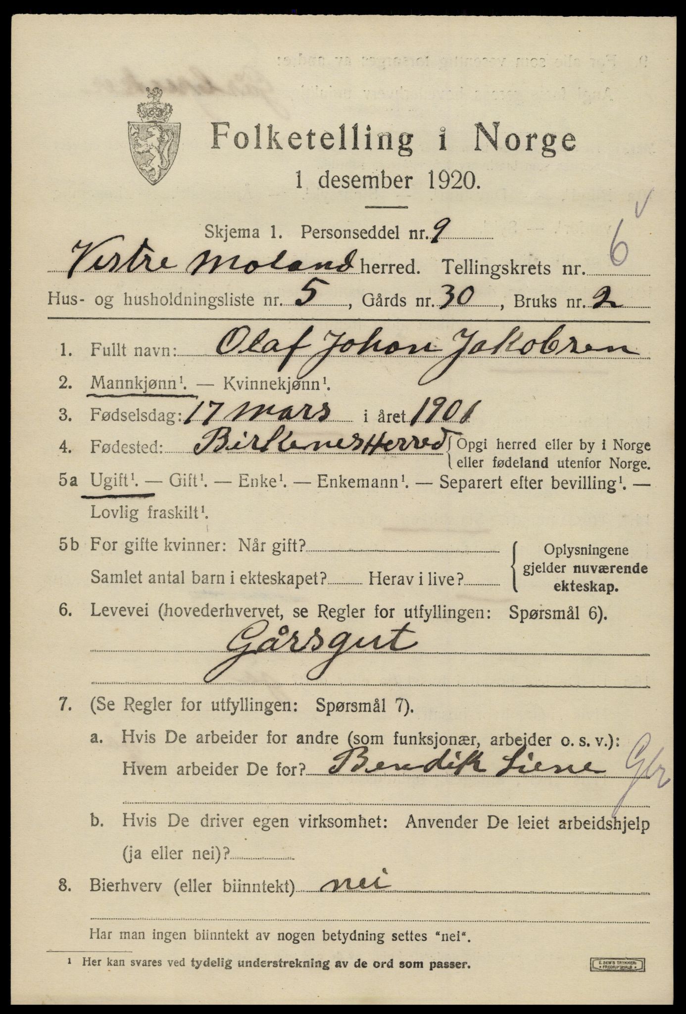 SAK, 1920 census for Vestre Moland, 1920, p. 4645