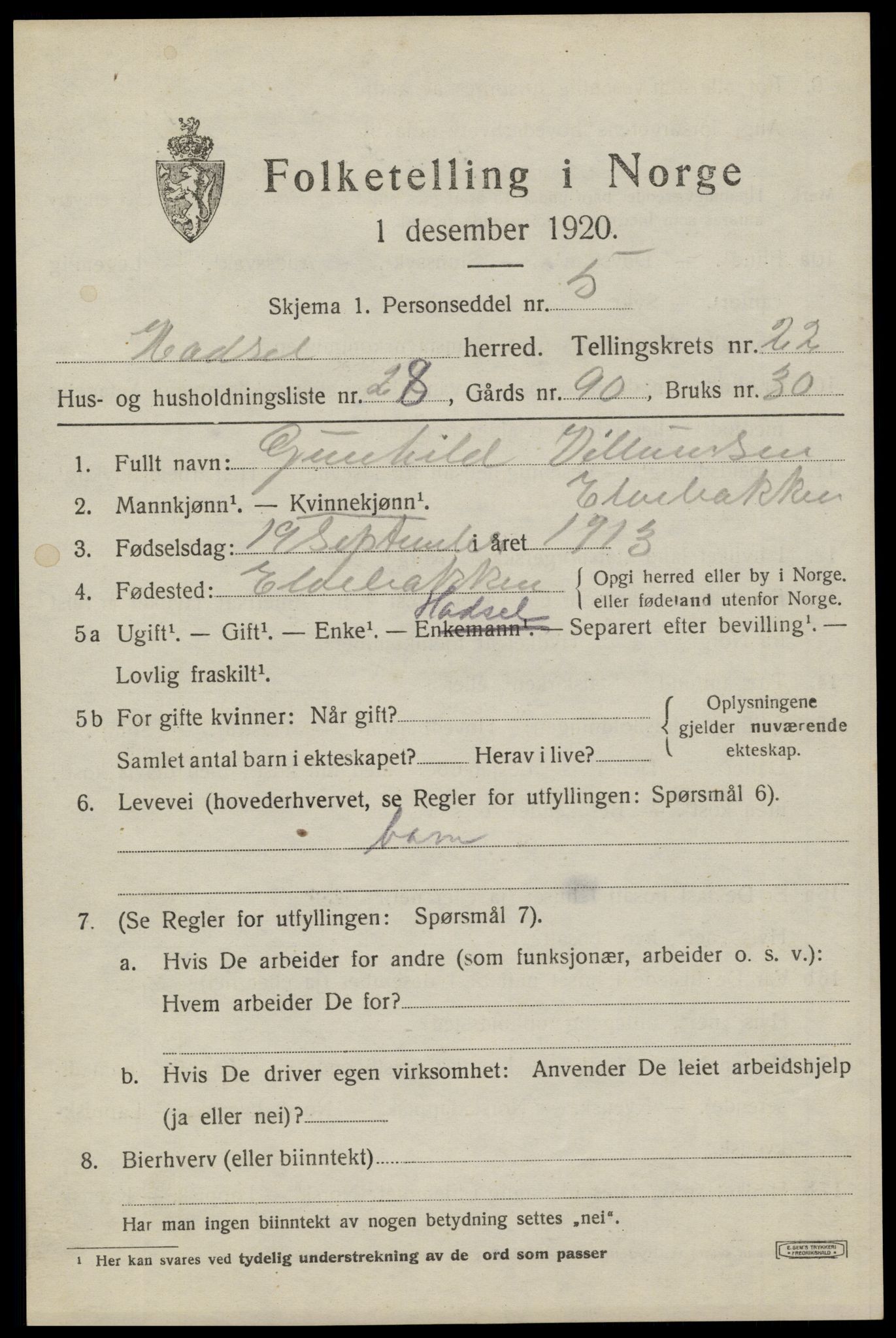 SAT, 1920 census for Hadsel, 1920, p. 20282