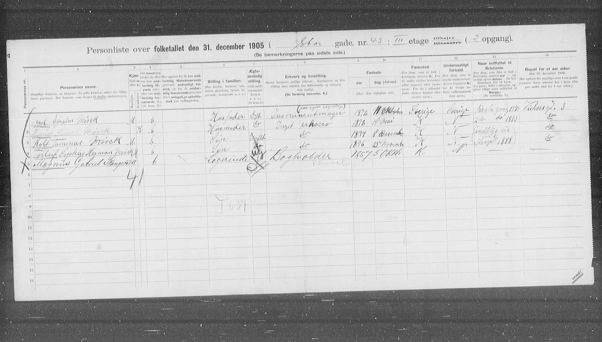 OBA, Municipal Census 1905 for Kristiania, 1905, p. 54185