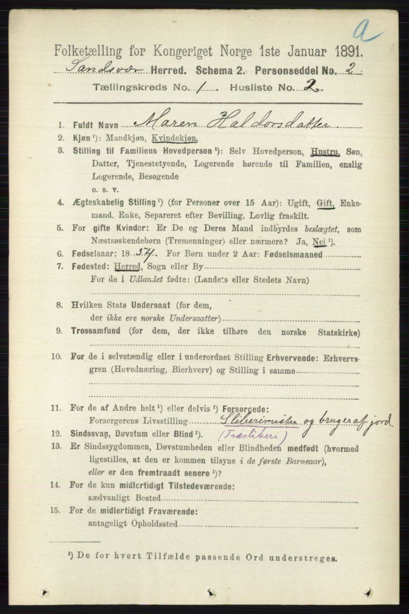 RA, 1891 census for 0629 Sandsvær, 1891, p. 126